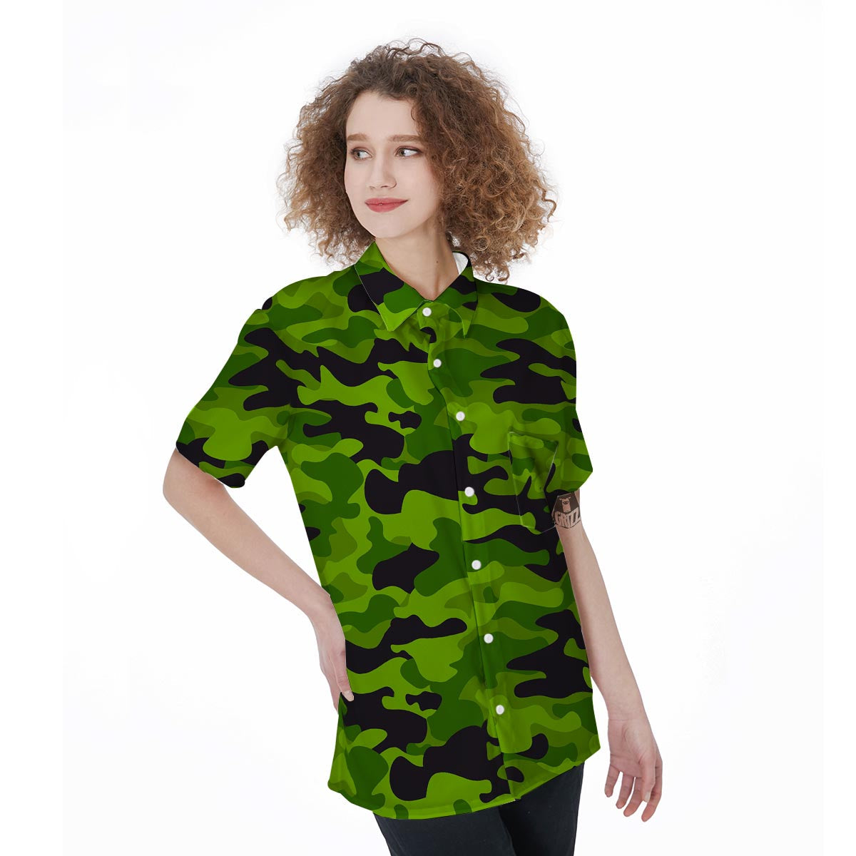 Lime Green Camo Print Women's Short Sleeve Shirts-grizzshop