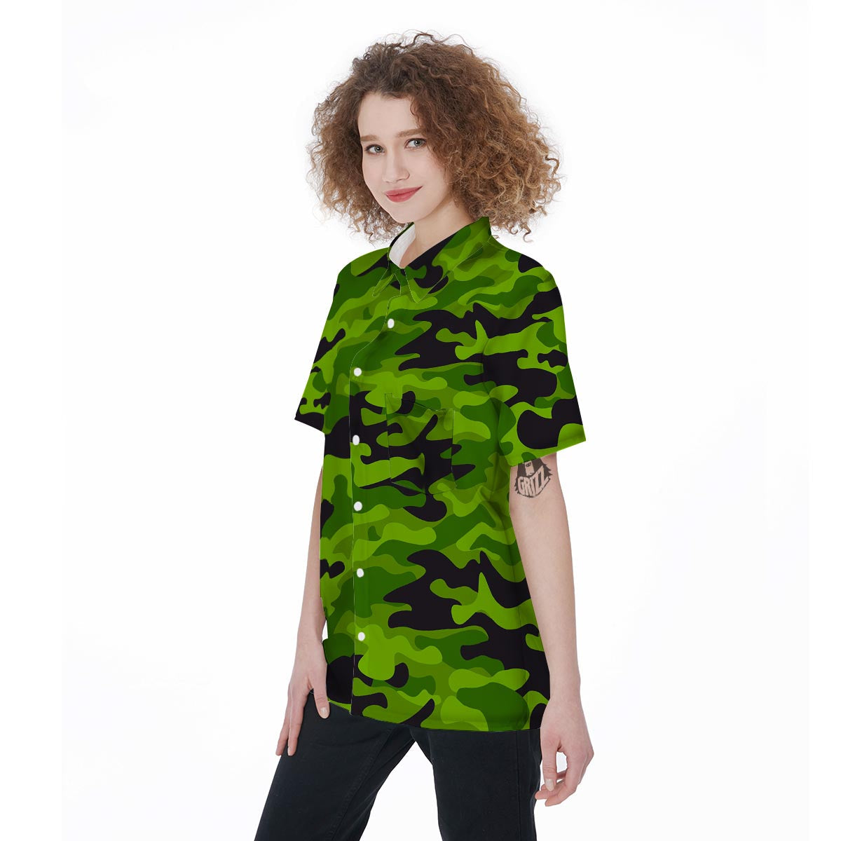 Lime Green Camo Print Women's Short Sleeve Shirts-grizzshop
