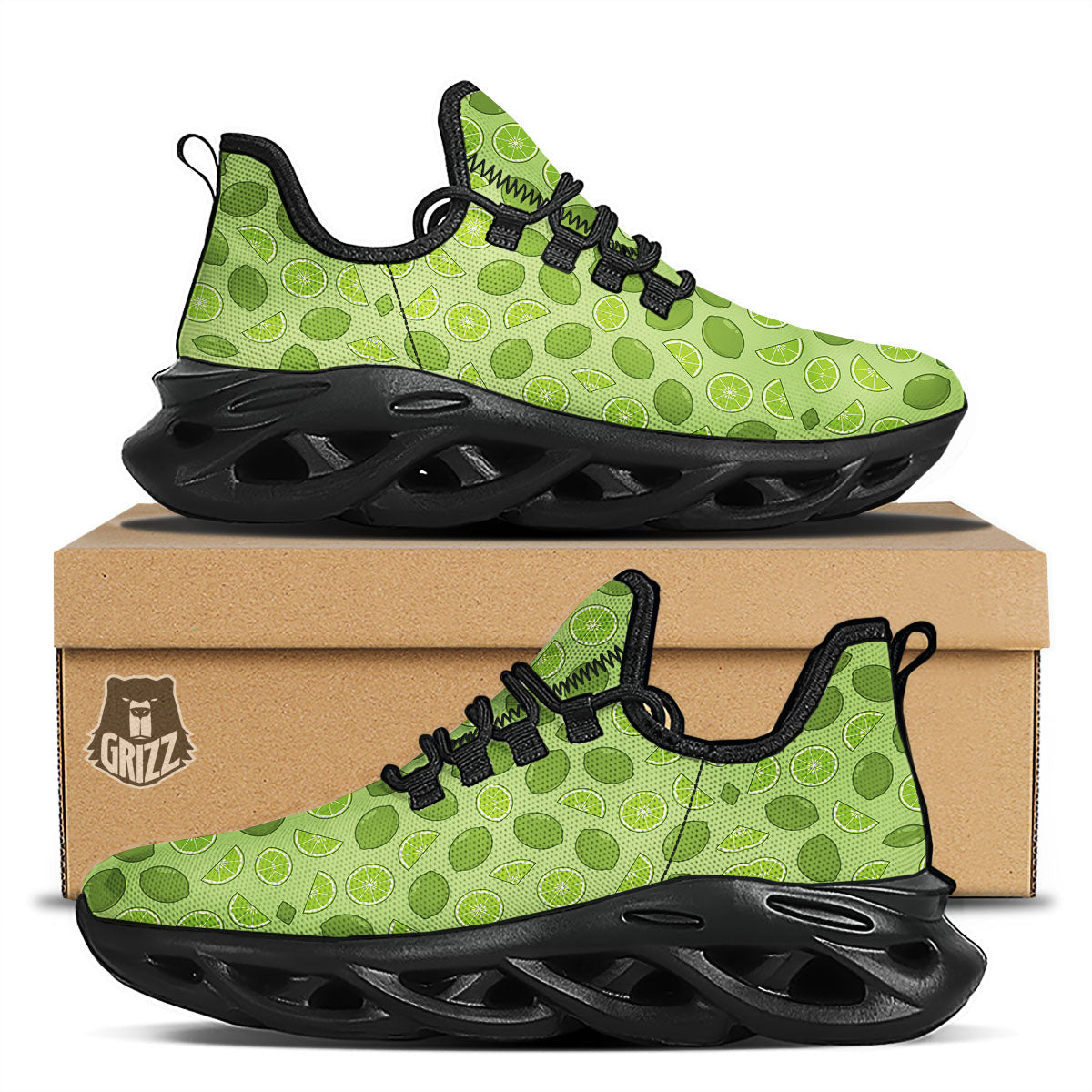 Lime Green Print Pattern Black Running Shoes-grizzshop