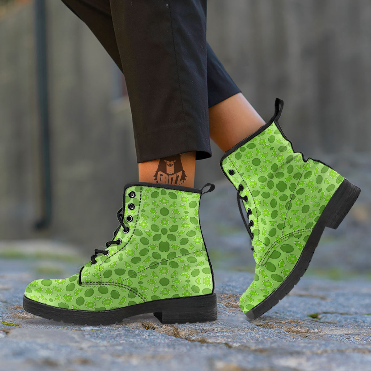 Lime Green Print Pattern Leather Boots-grizzshop
