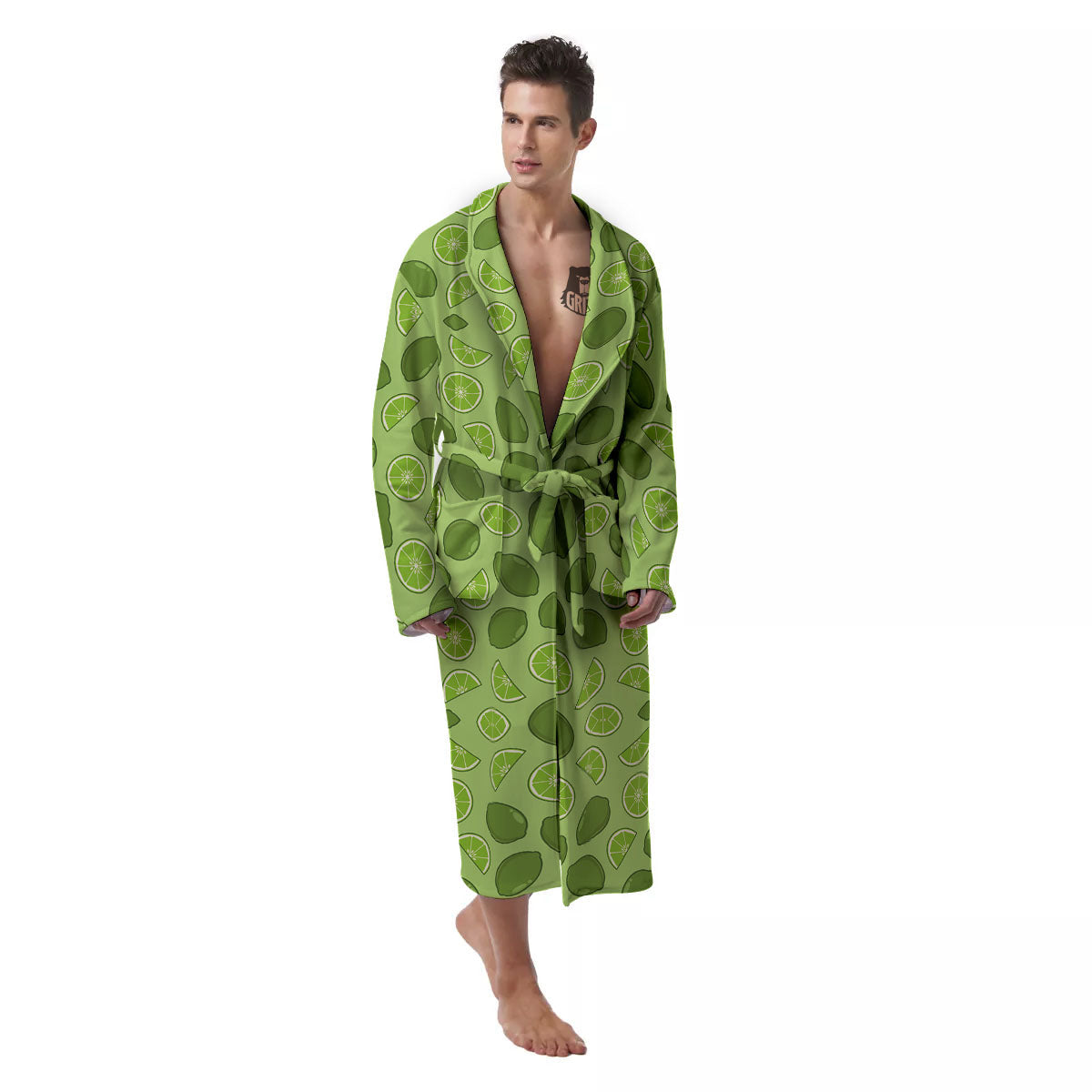 Lime Green Print Pattern Men's Robe-grizzshop