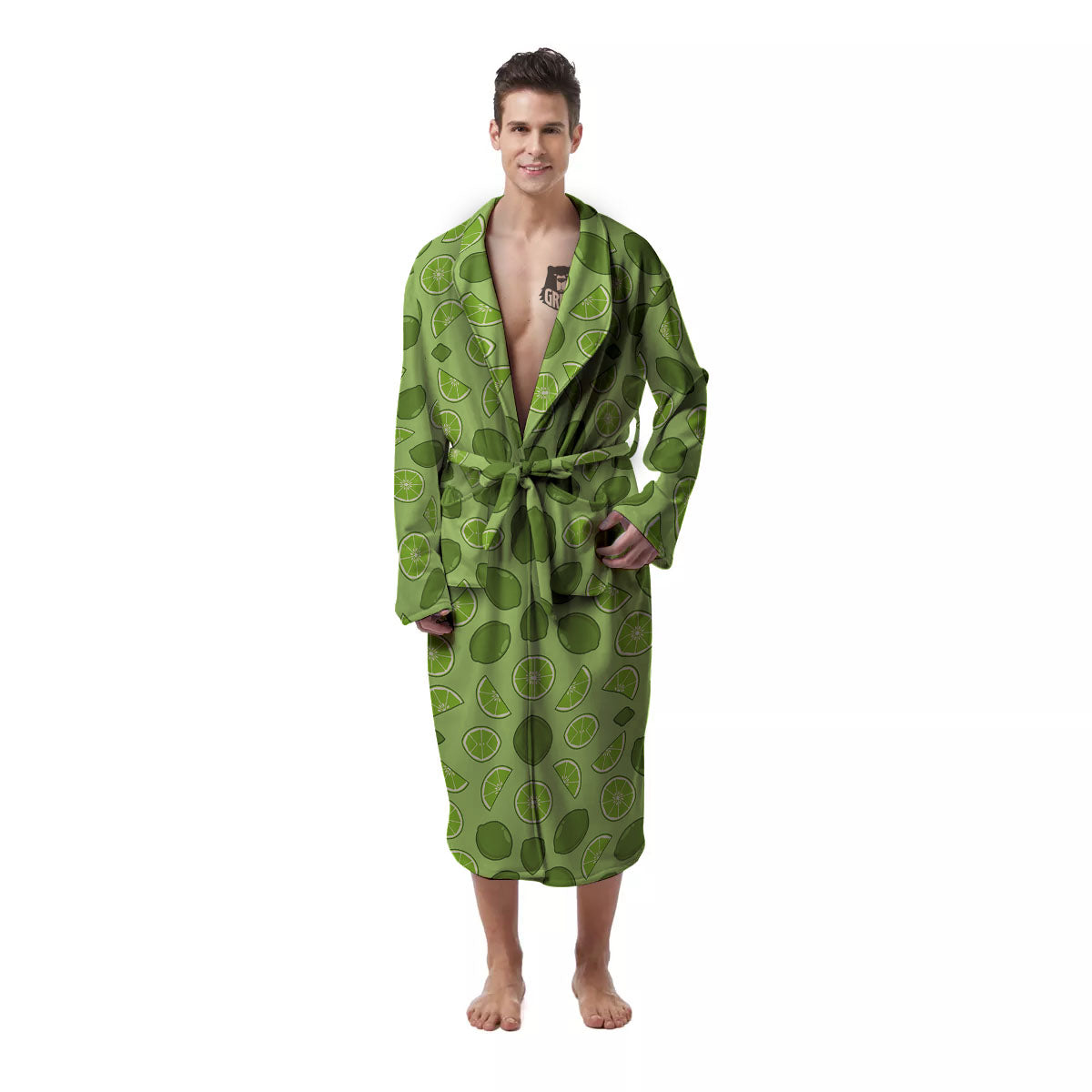 Lime Green Print Pattern Men's Robe-grizzshop