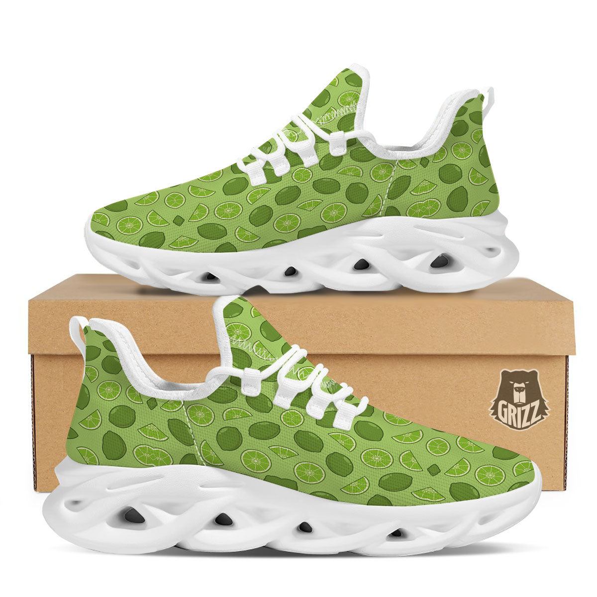 Lime Green Print Pattern White Running Shoes-grizzshop