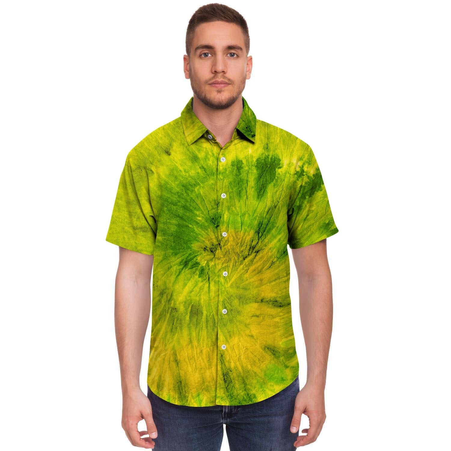 Lime Green Tie Dye Men's Short Sleeve Shirt-grizzshop