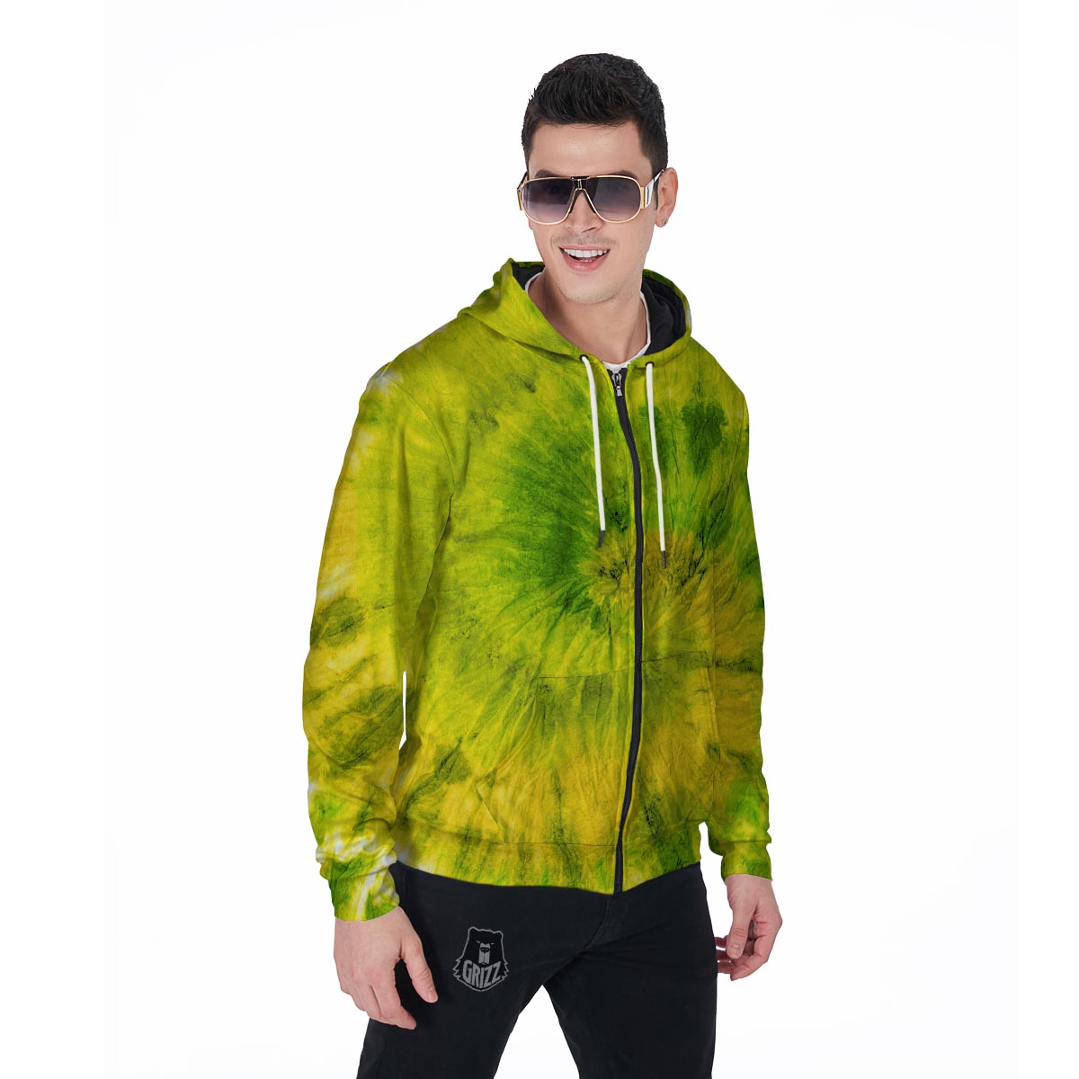 Lime Green Tie Dye Men's Zip Up Hoodie-grizzshop