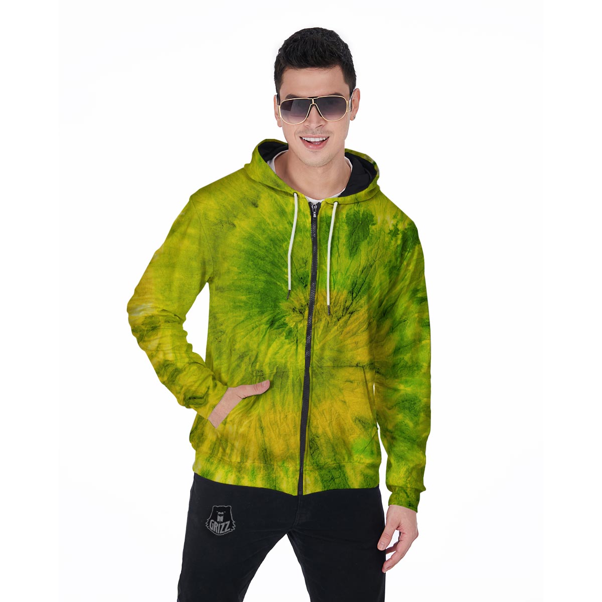 Lime Green Tie Dye Men's Zip Up Hoodie-grizzshop