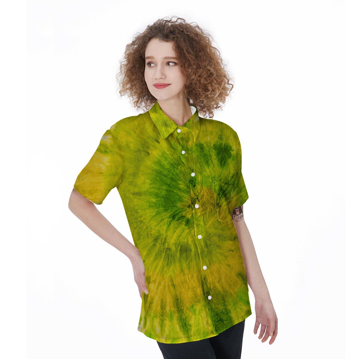 Lime Green Tie Dye Women's Short Sleeve Shirts-grizzshop