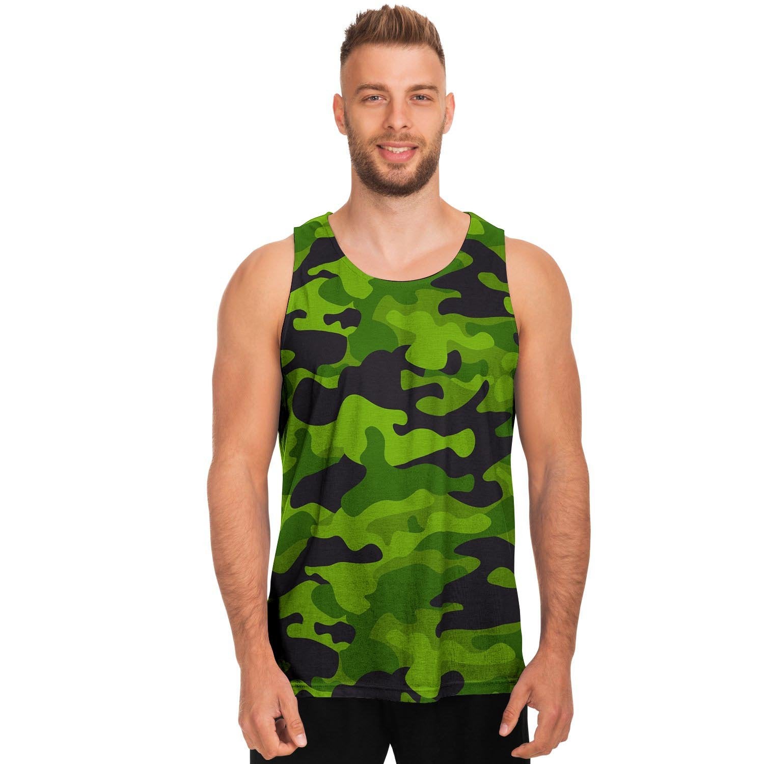 Lime Green Camo Print Men's Tank Tops-grizzshop