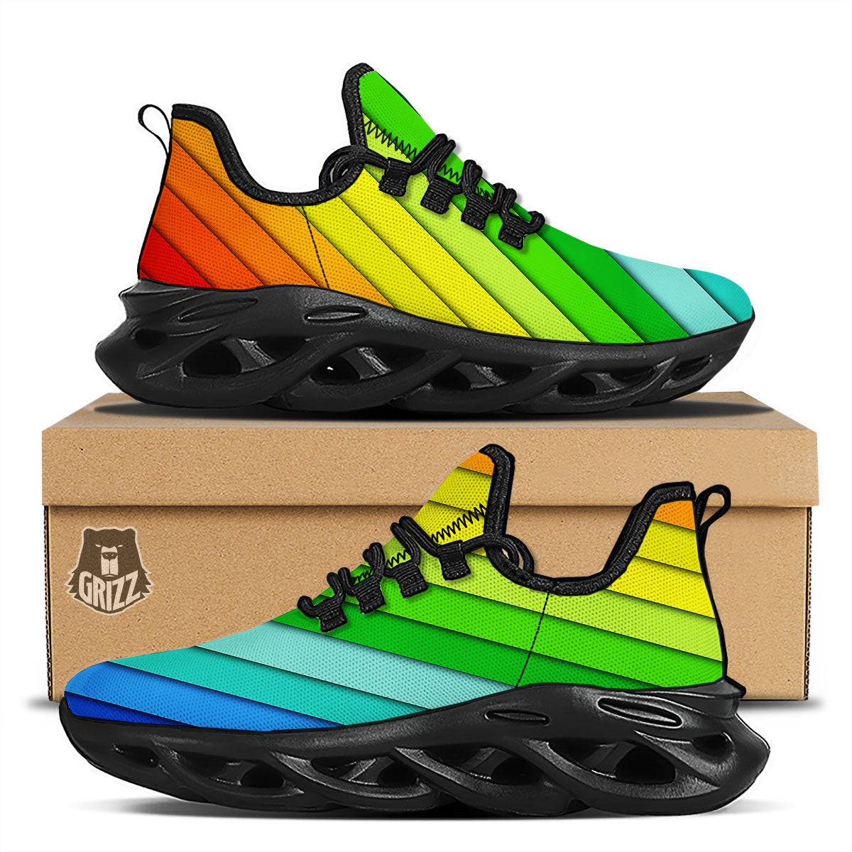 Lines Rainbow Diagonal Print Pattern Black Running Shoes-grizzshop