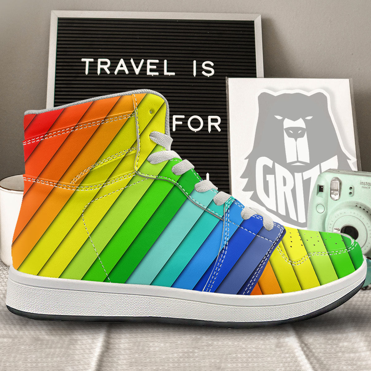 Lines Rainbow Diagonal Print Pattern High Top Sneakers-grizzshop