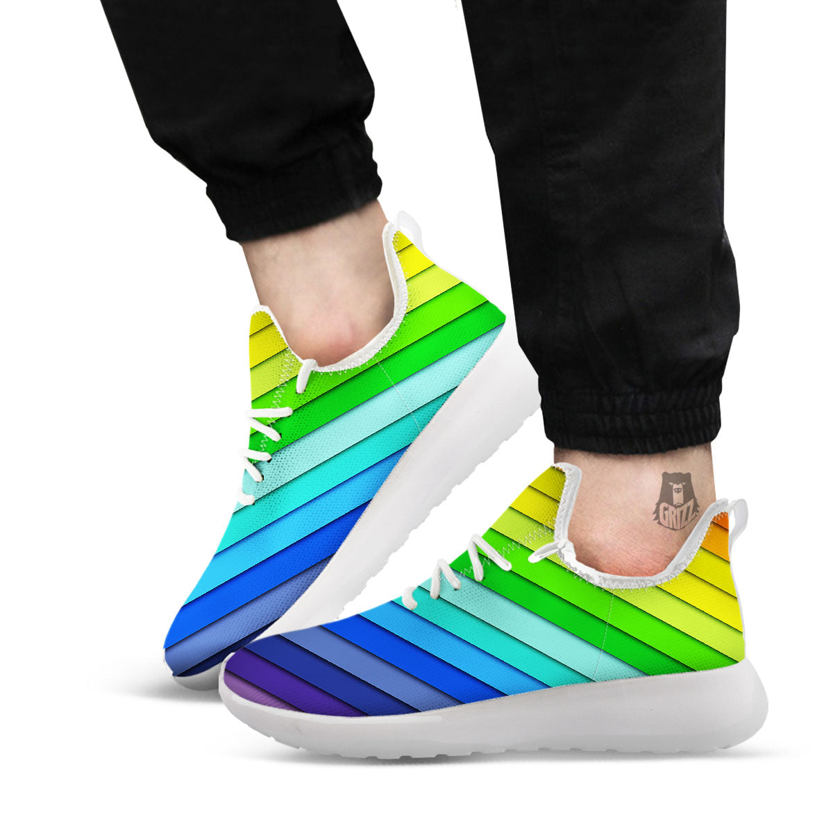 Lines Rainbow Diagonal Print Pattern White Athletic Shoes-grizzshop