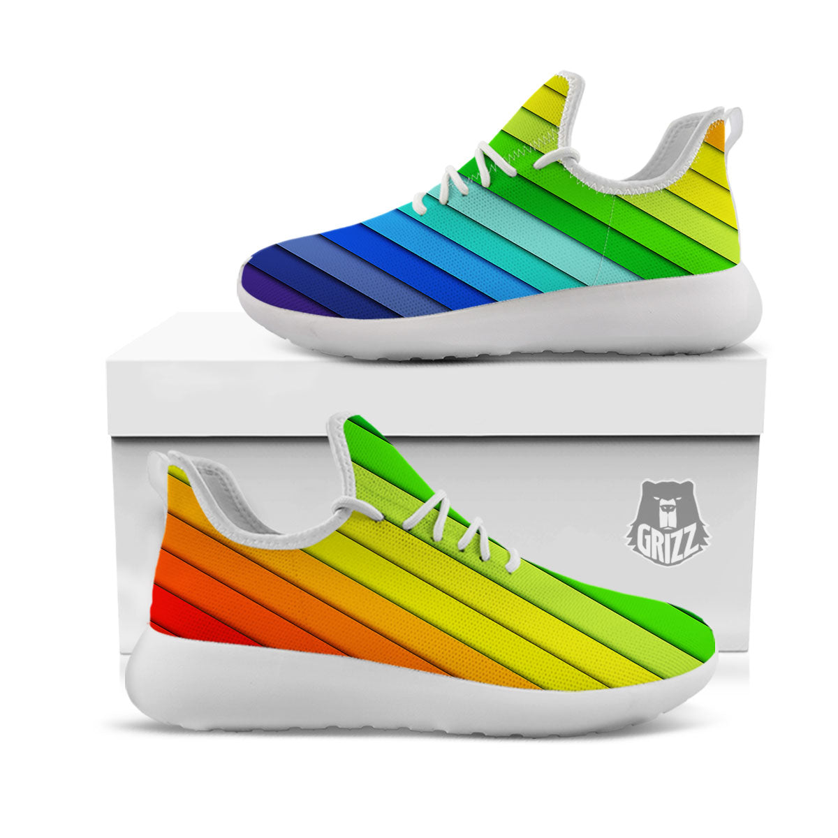 Lines Rainbow Diagonal Print Pattern White Athletic Shoes-grizzshop