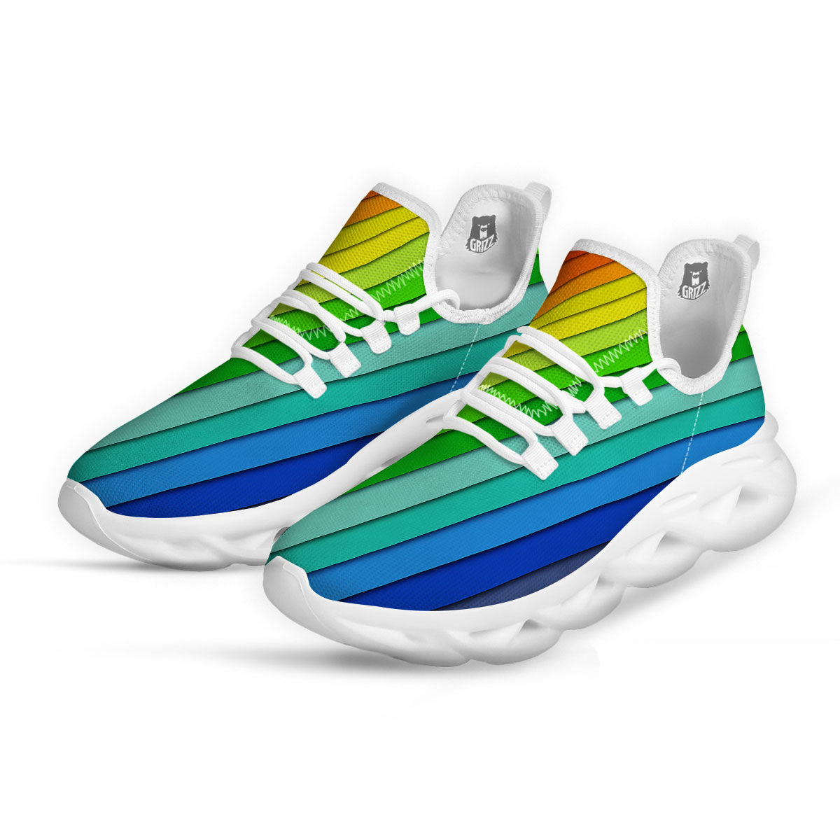 Lines Rainbow Diagonal Print Pattern White Running Shoes-grizzshop