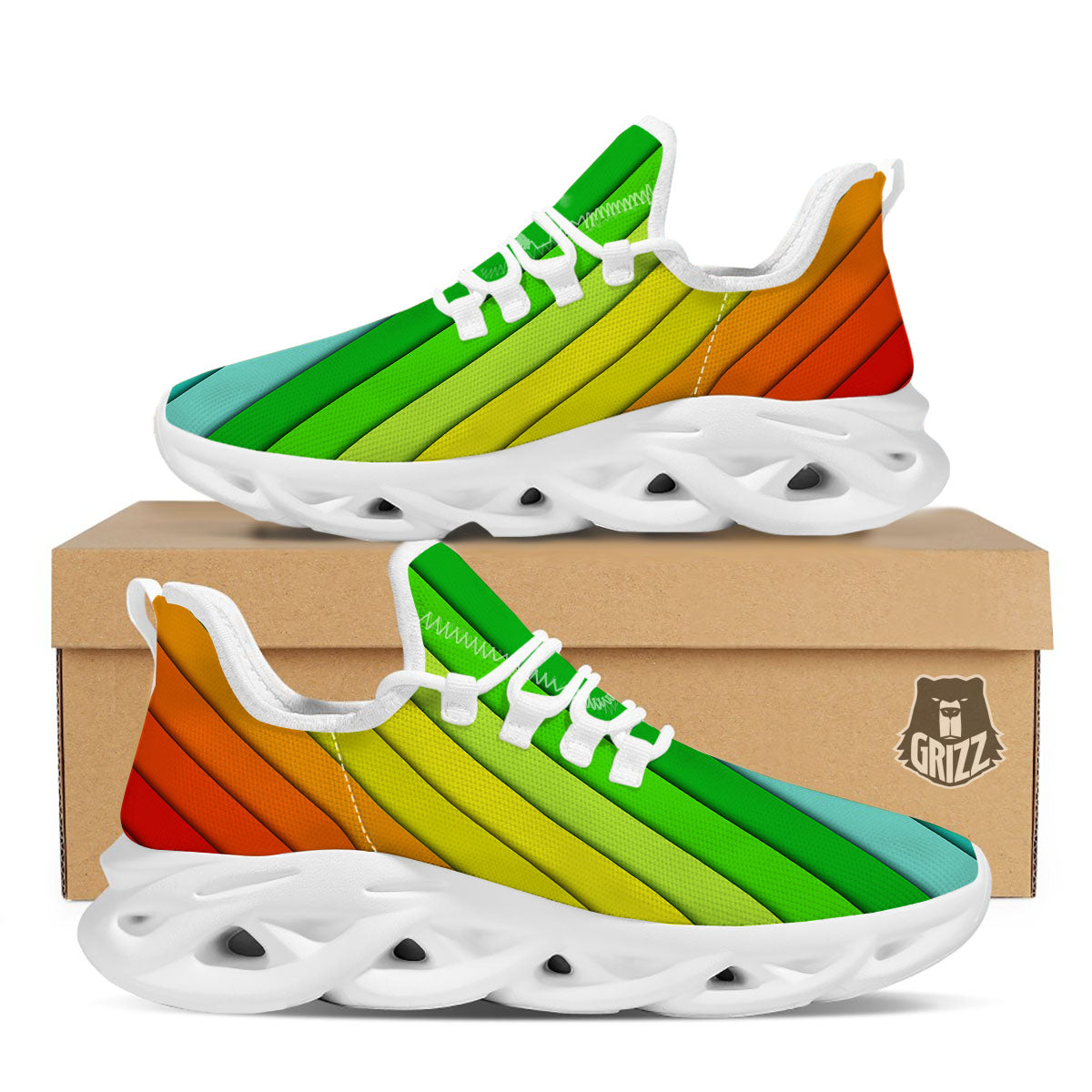 Lines Rainbow Diagonal Print Pattern White Running Shoes-grizzshop