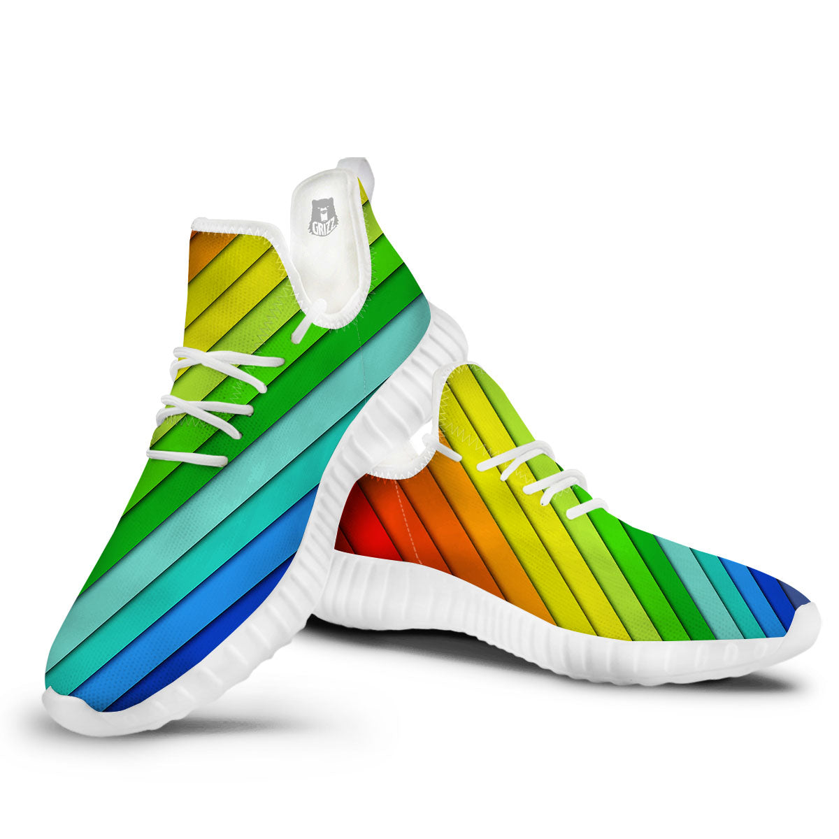 Lines Rainbow Diagonal Print Pattern White Walking Shoes-grizzshop