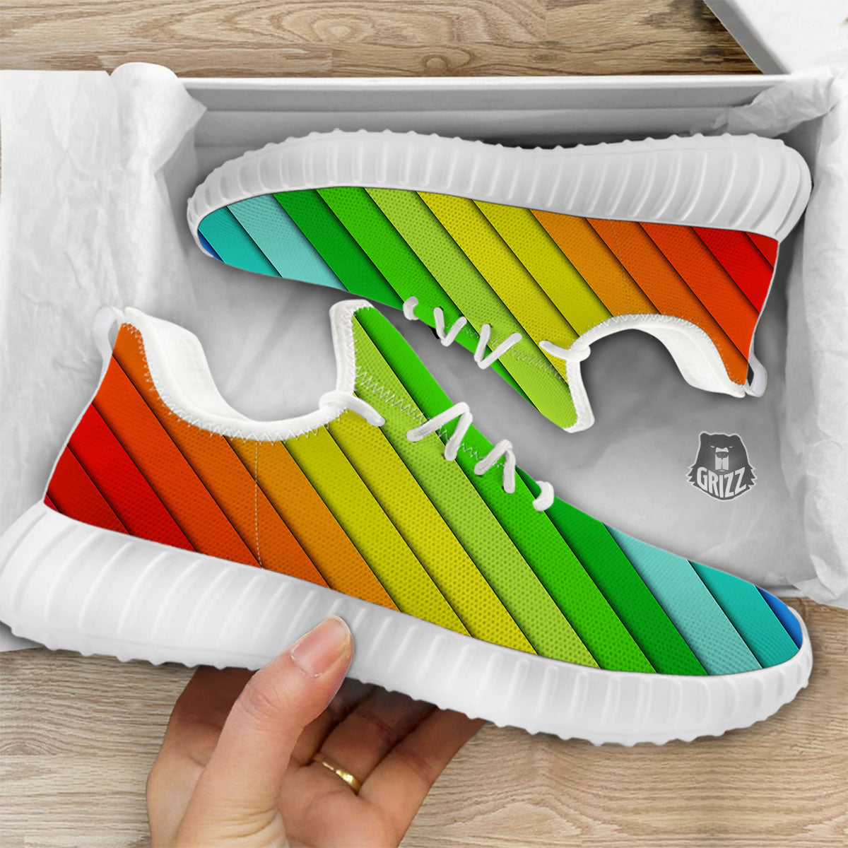 Lines Rainbow Diagonal Print Pattern White Walking Shoes-grizzshop