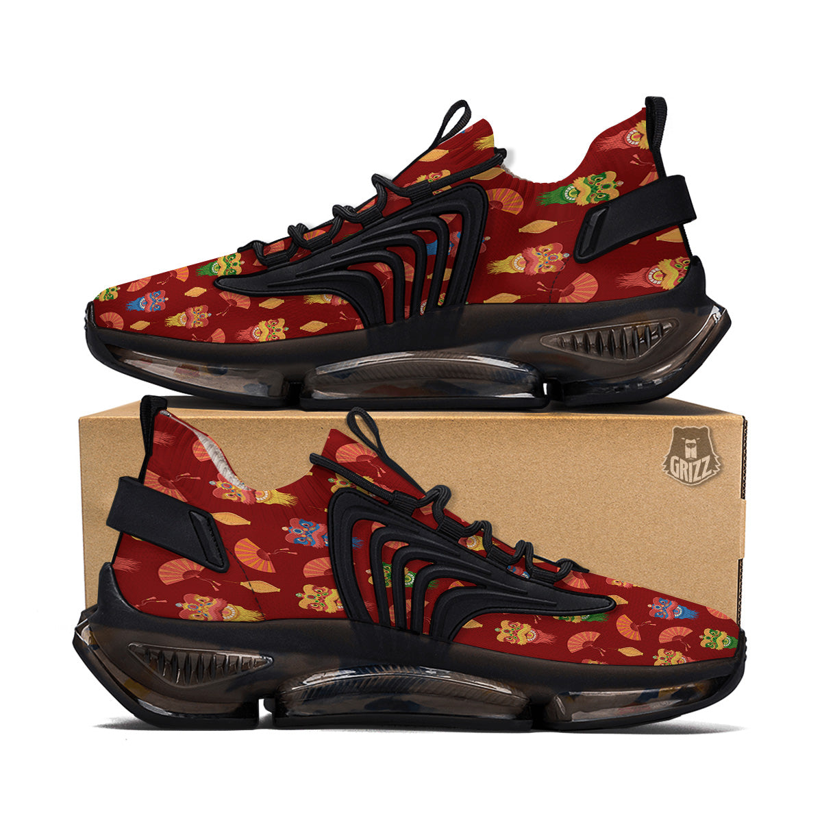 Lion Dance Chinese New Years Print Pattern Black Gym Shoes-grizzshop