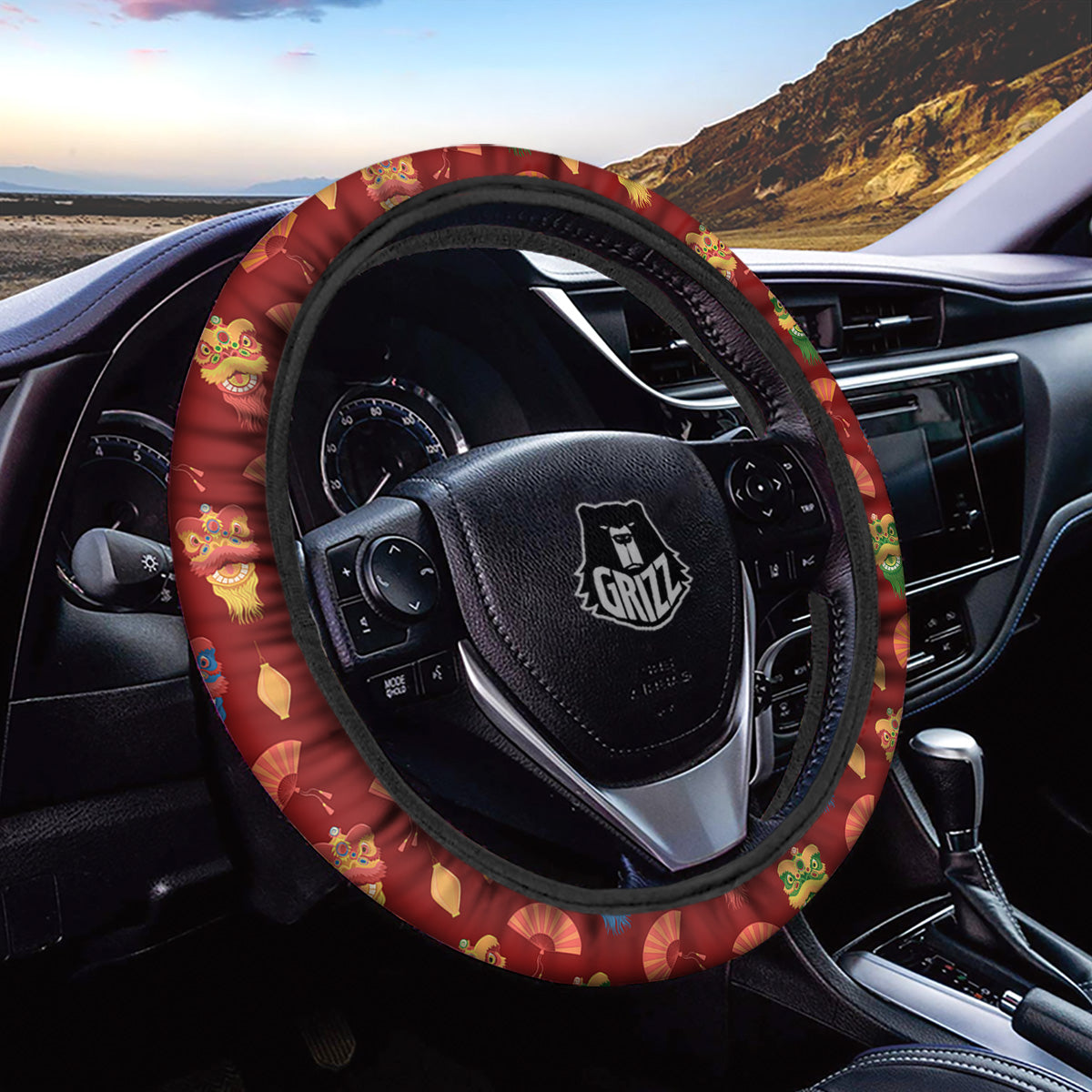 Lion Dance Chinese New Years Print Pattern Car Steering Wheel Cover-grizzshop