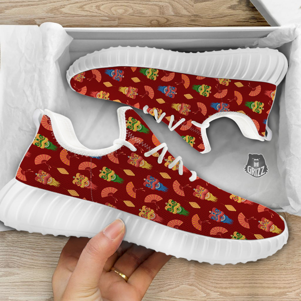Lion Dance Chinese New Years Print Pattern White Walking Shoes-grizzshop