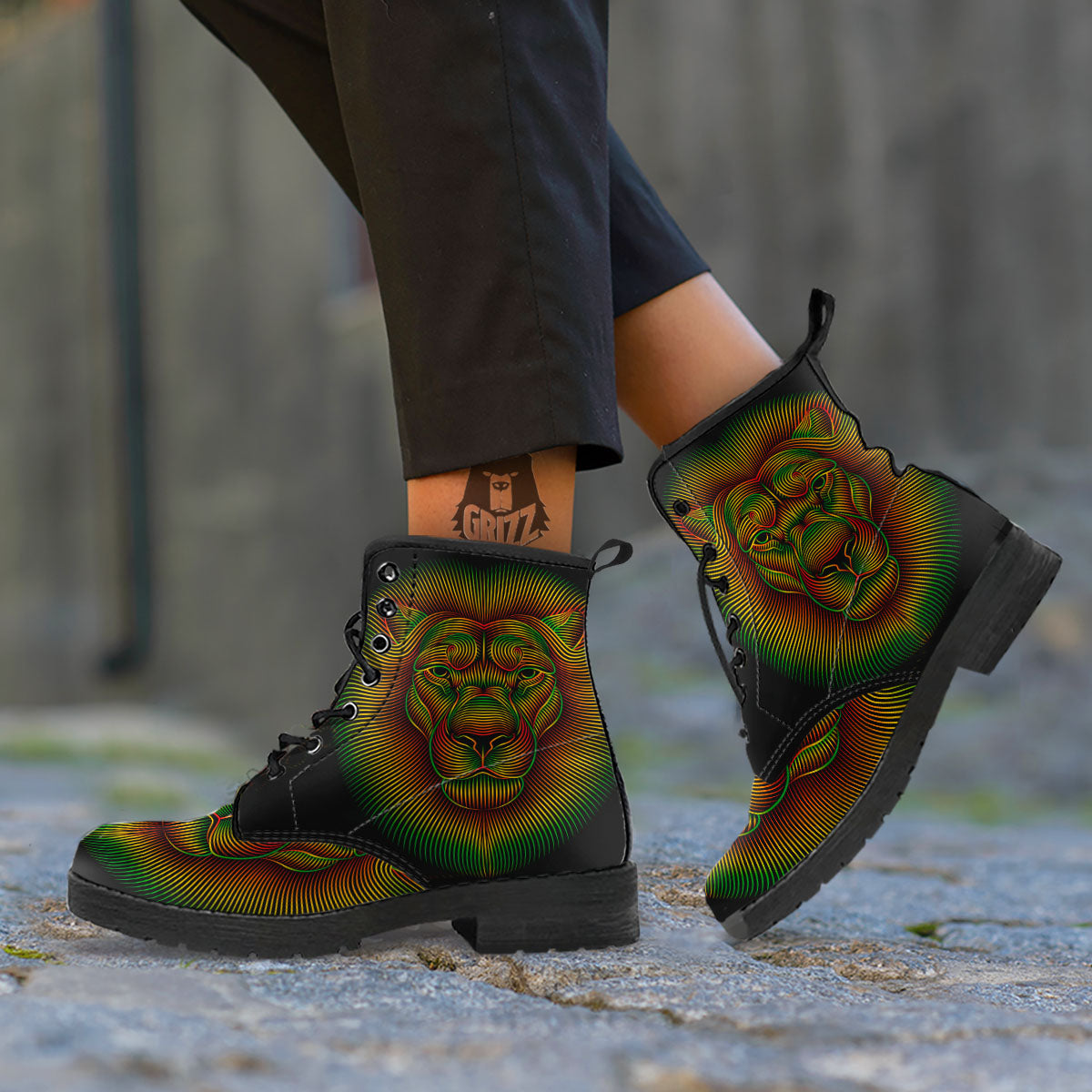 Lion Rasta Print Leather Boots-grizzshop