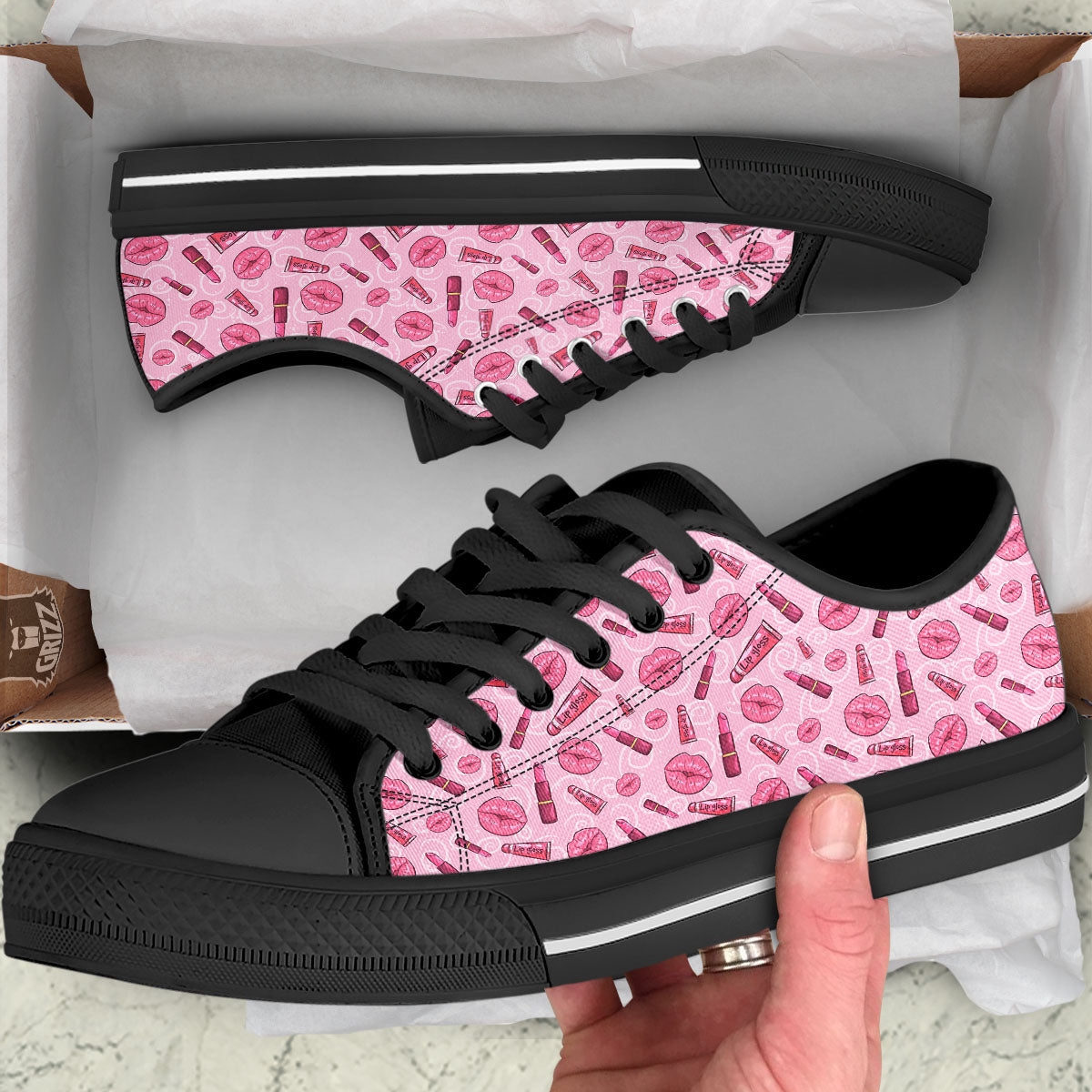 Lips Funky Kiss Print Pattern Black Low Top Shoes-grizzshop