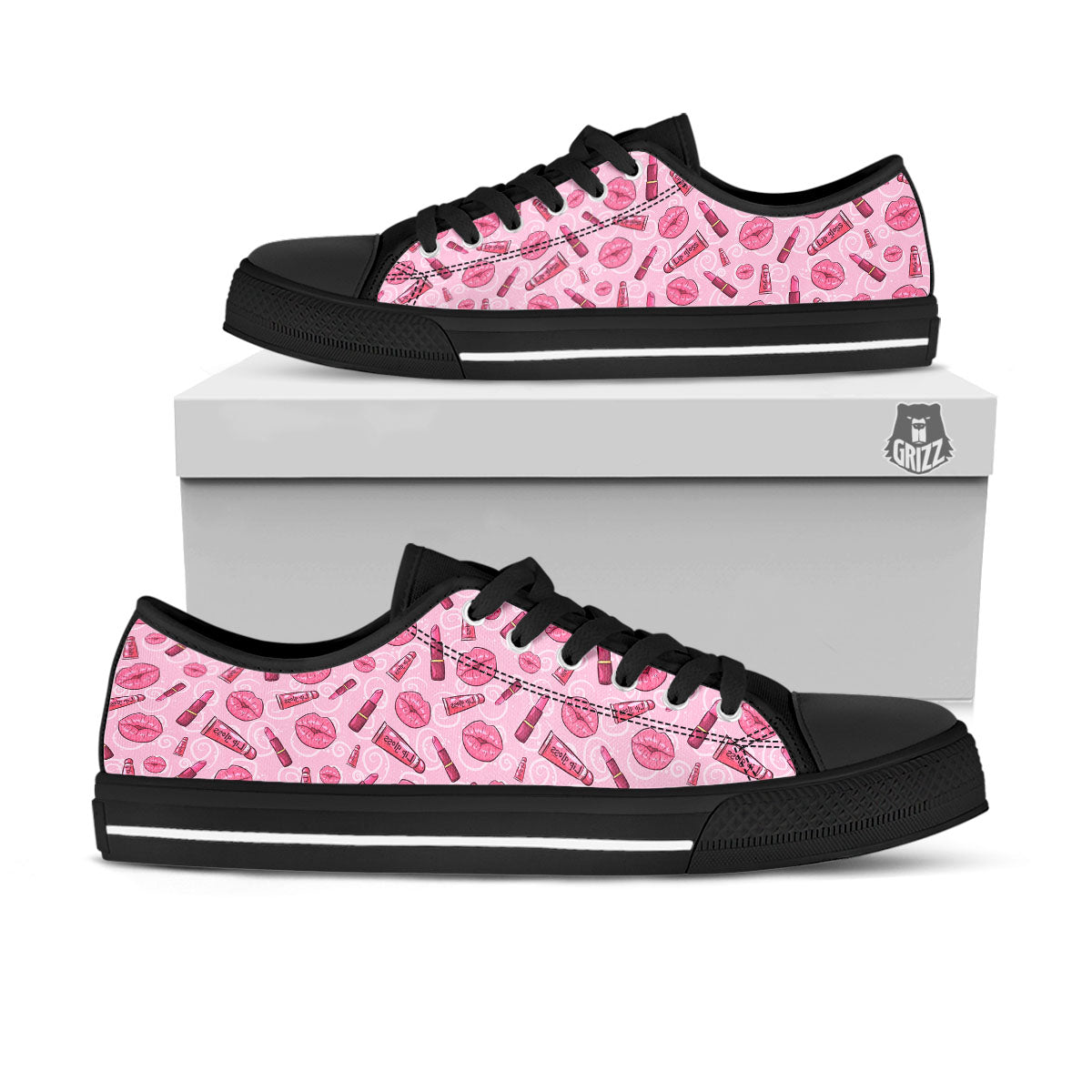 Lips Funky Kiss Print Pattern Black Low Top Shoes-grizzshop