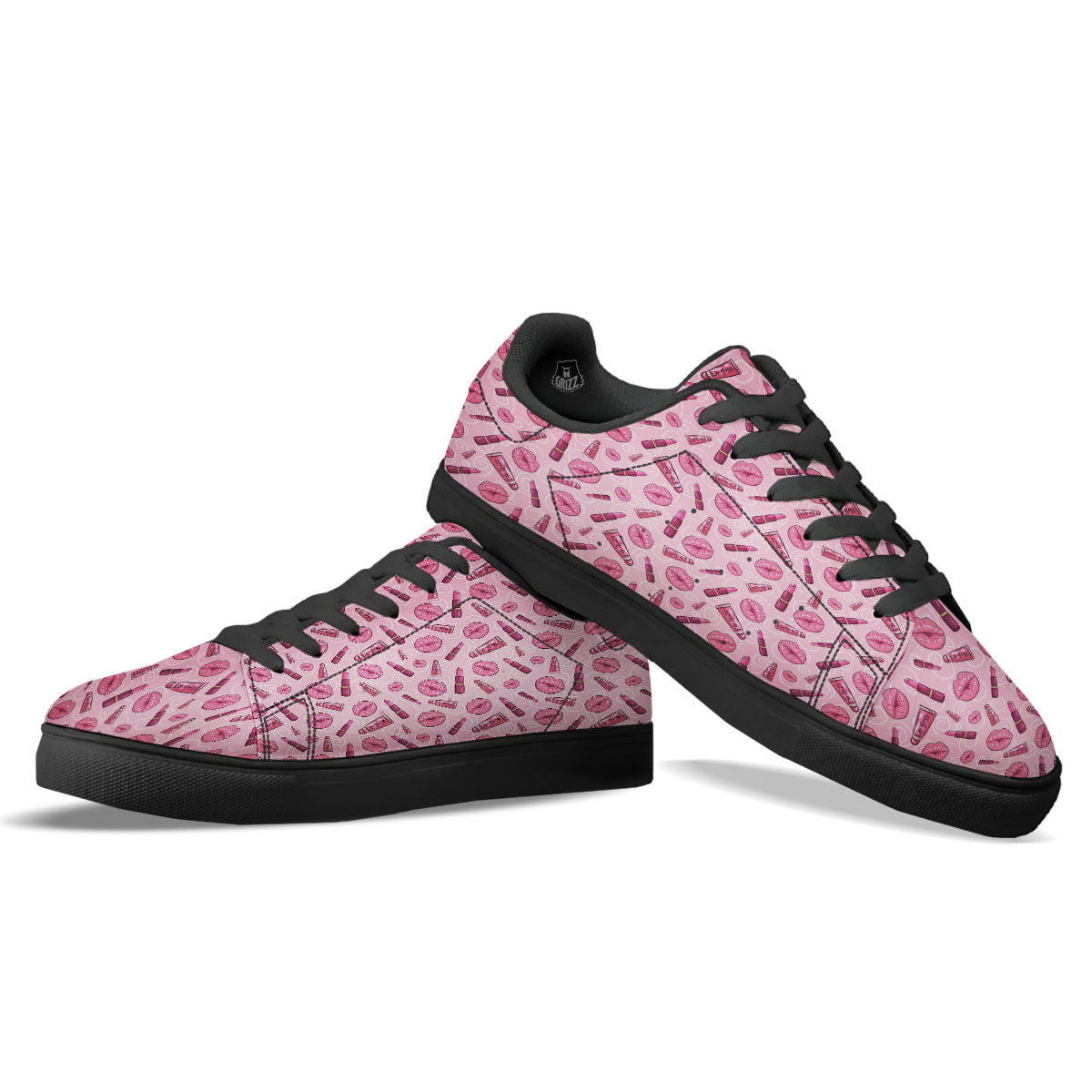 Lips Funky Kiss Print Pattern Black Low Top Sneakers-grizzshop