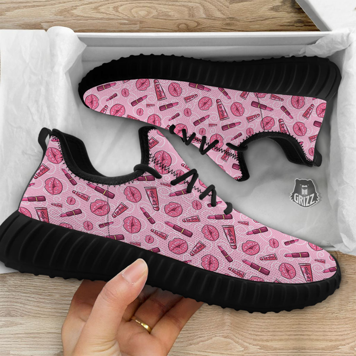 Lips Funky Kiss Print Pattern Black Walking Shoes-grizzshop