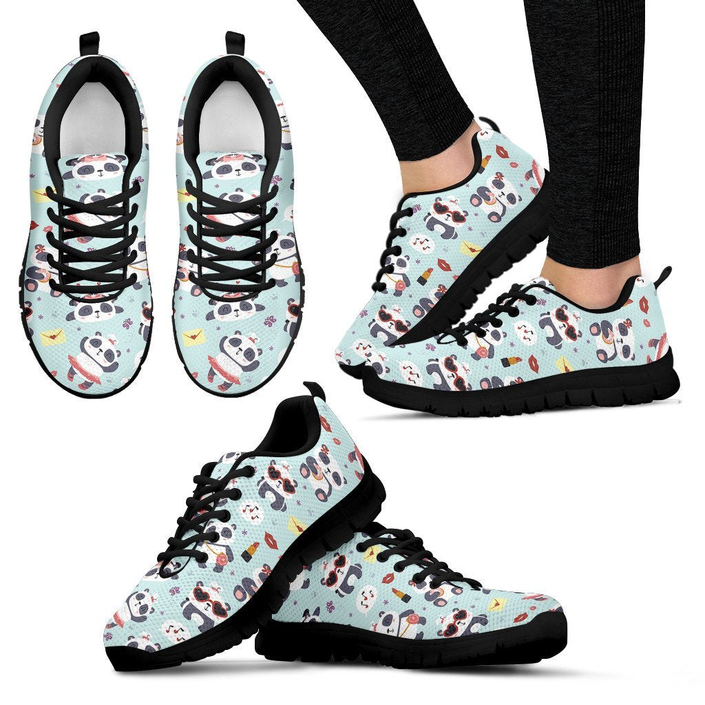 Lips Panda Pattern Print Black Sneaker Shoes For Men Women-grizzshop