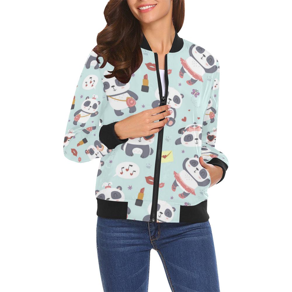 Lips Panda Pattern Print Women Casual Bomber Jacket-grizzshop