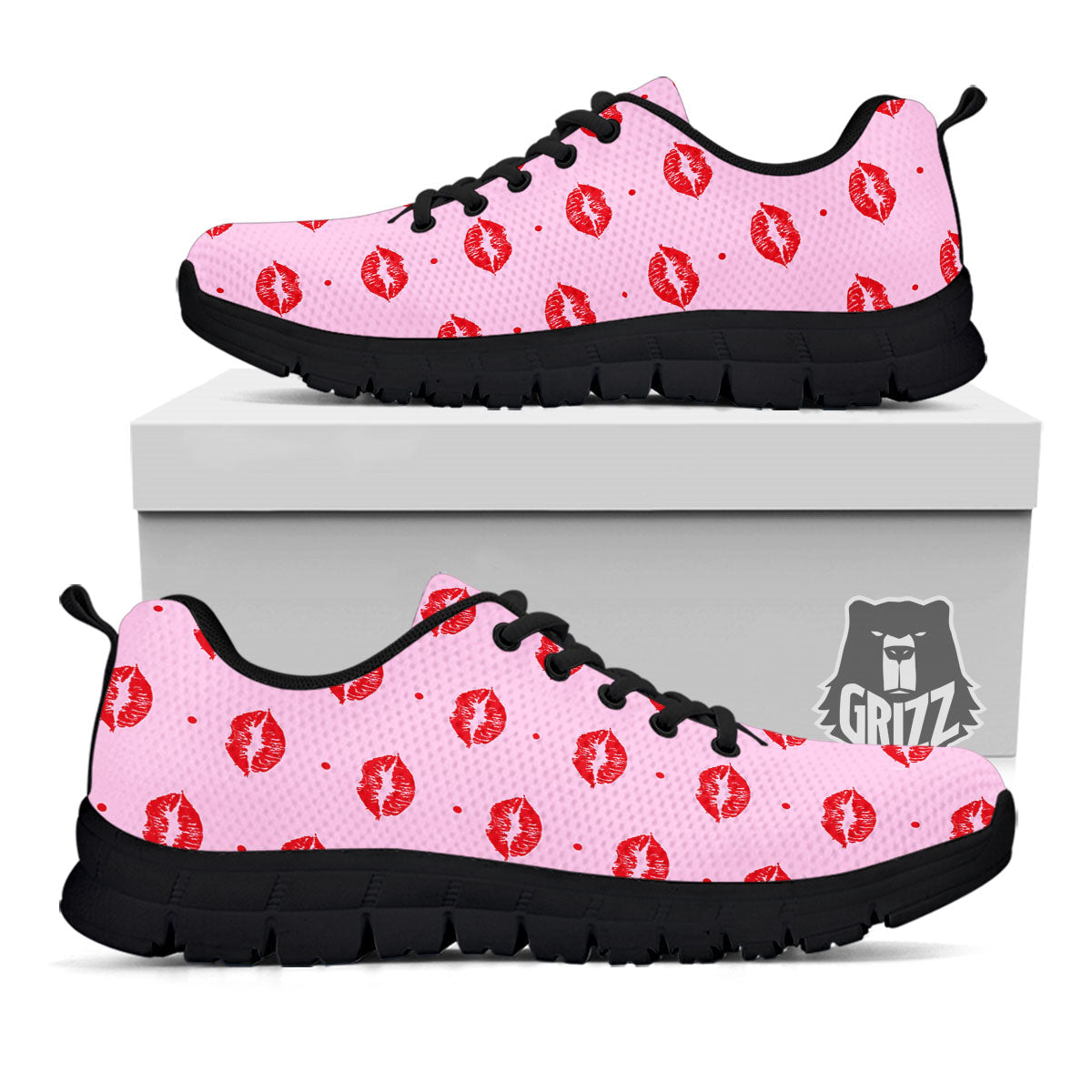 Lips Pink And Red Print Pattern Black Sneaker-grizzshop