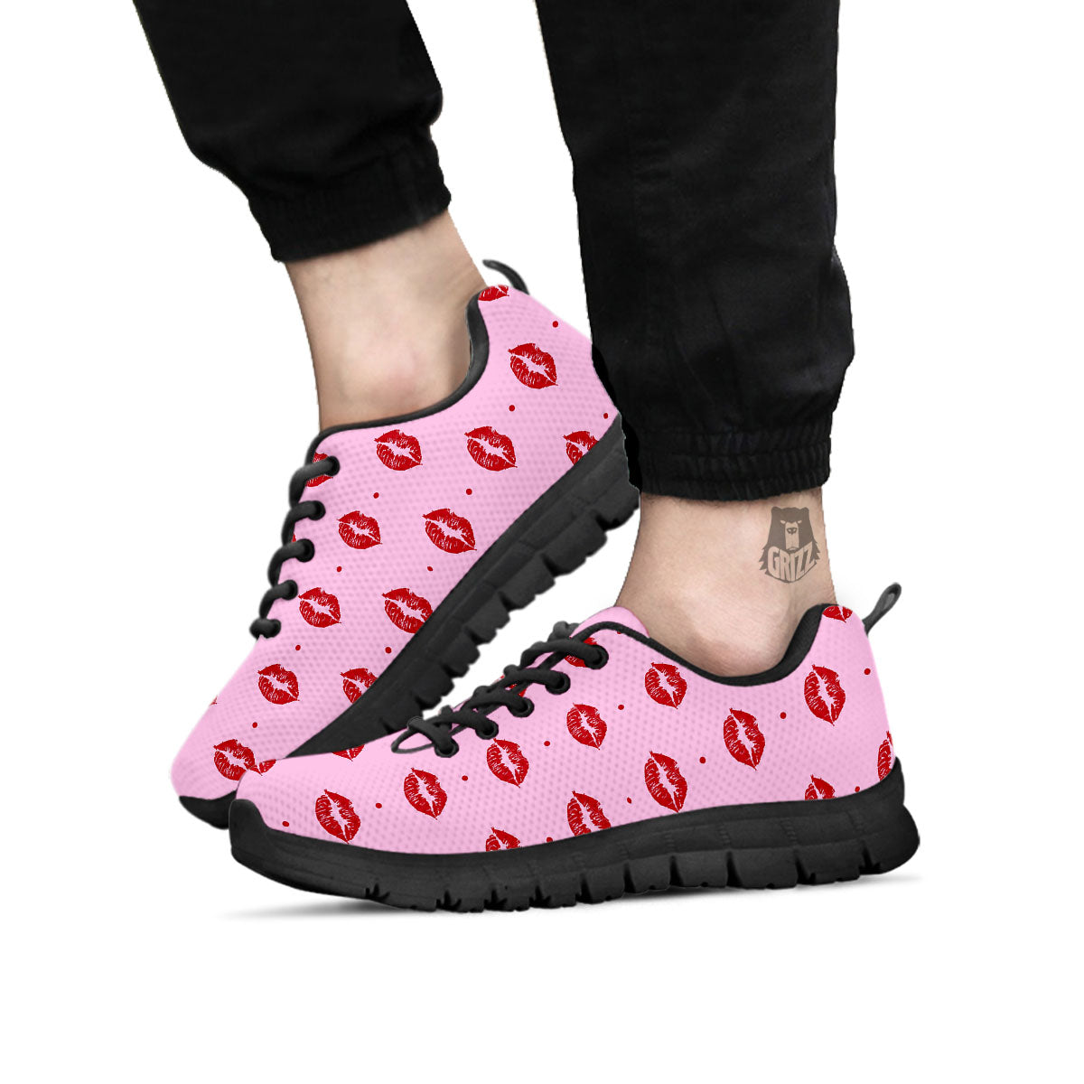 Lips Pink And Red Print Pattern Black Sneaker-grizzshop