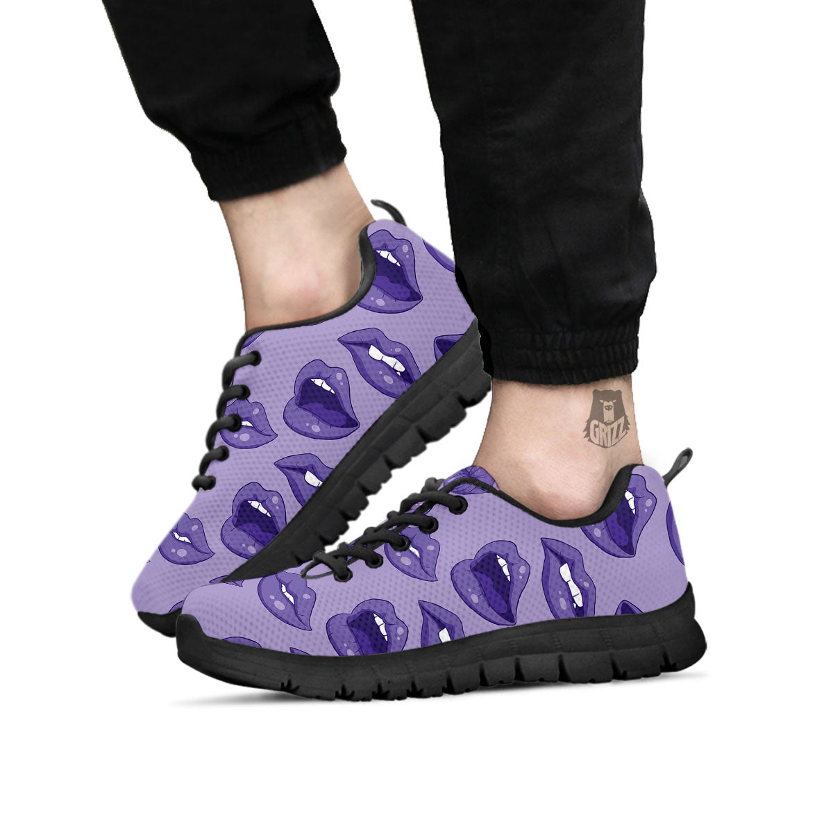 Lips Purple Print Pattern Black Sneaker-grizzshop