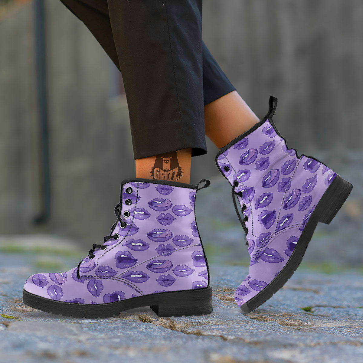 Lips Purple Print Pattern Leather Boots-grizzshop