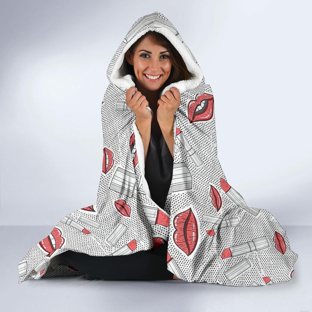 Lipstick Red Lips Pattern Print Hooded Blanket-grizzshop