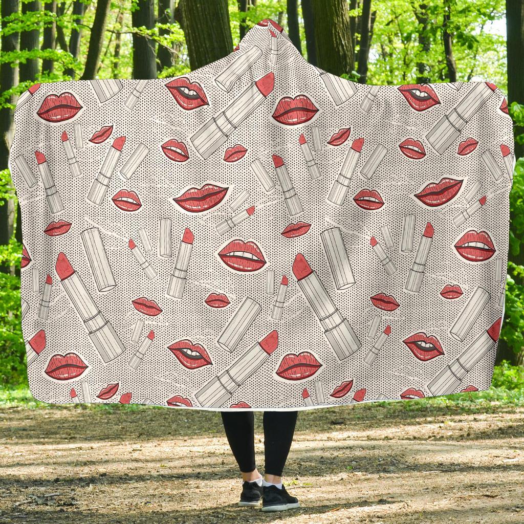 Lipstick Red Lips Pattern Print Hooded Blanket-grizzshop