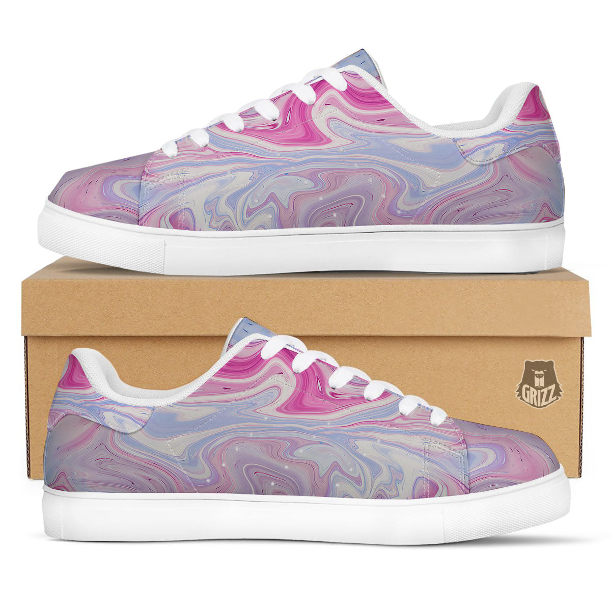 Liquid And Fluid Marble Pink Print White Low Top Sneakers-grizzshop