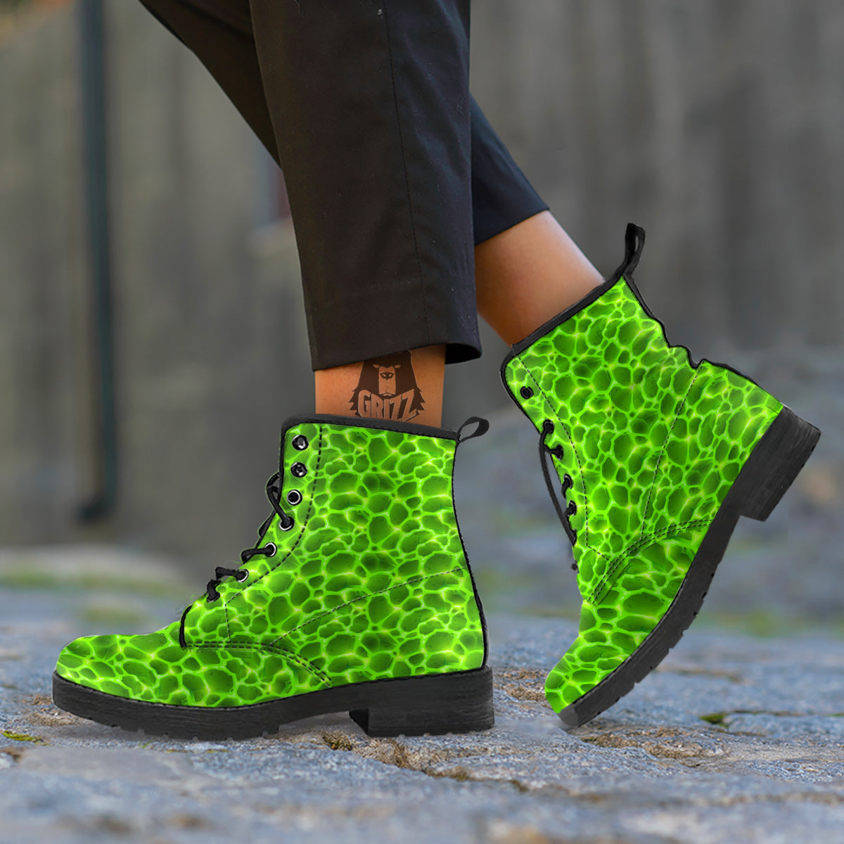 Liquid Lava Green Neon Print Pattern Leather Boots-grizzshop