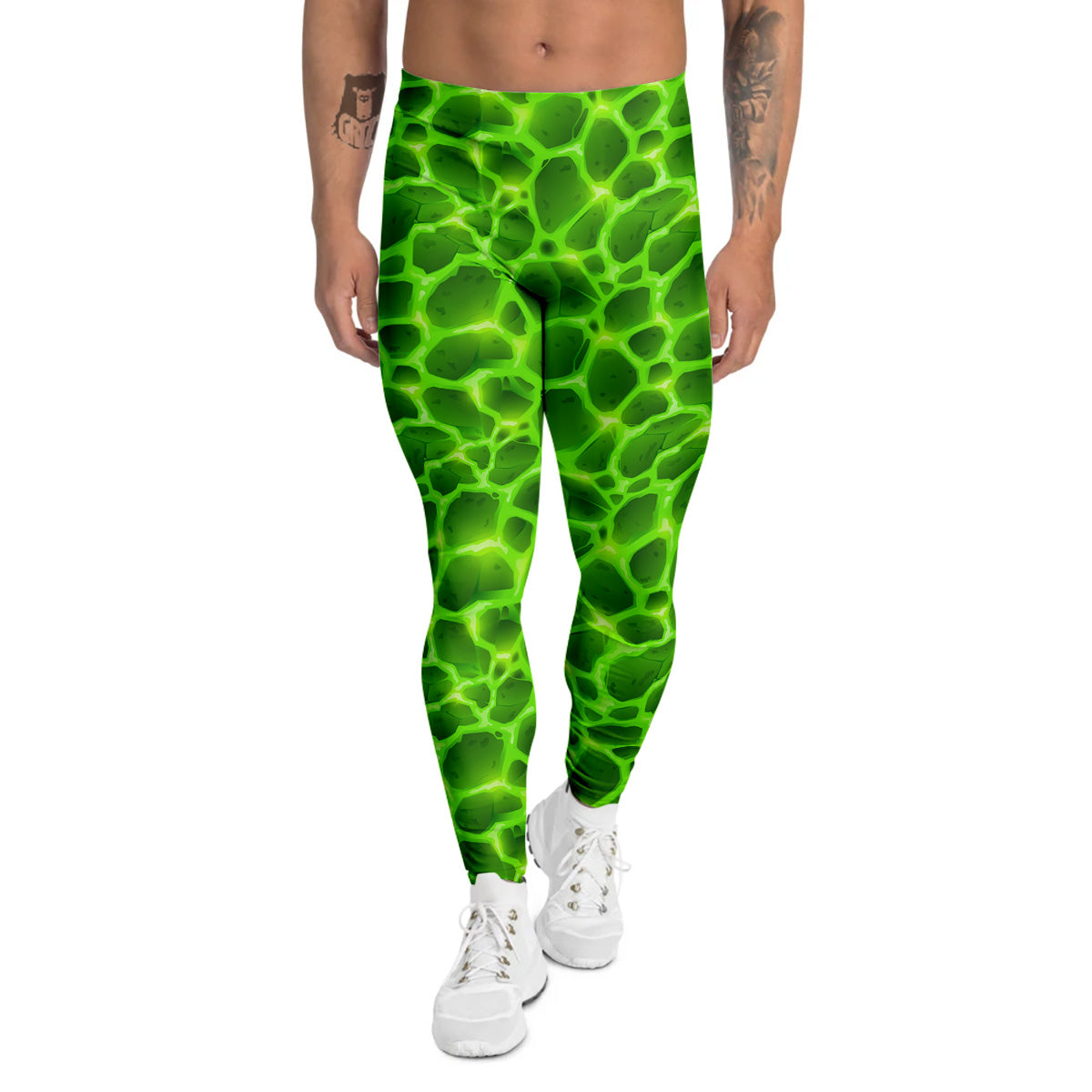 Liquid Lava Green Neon Print Pattern Men's Leggings-grizzshop