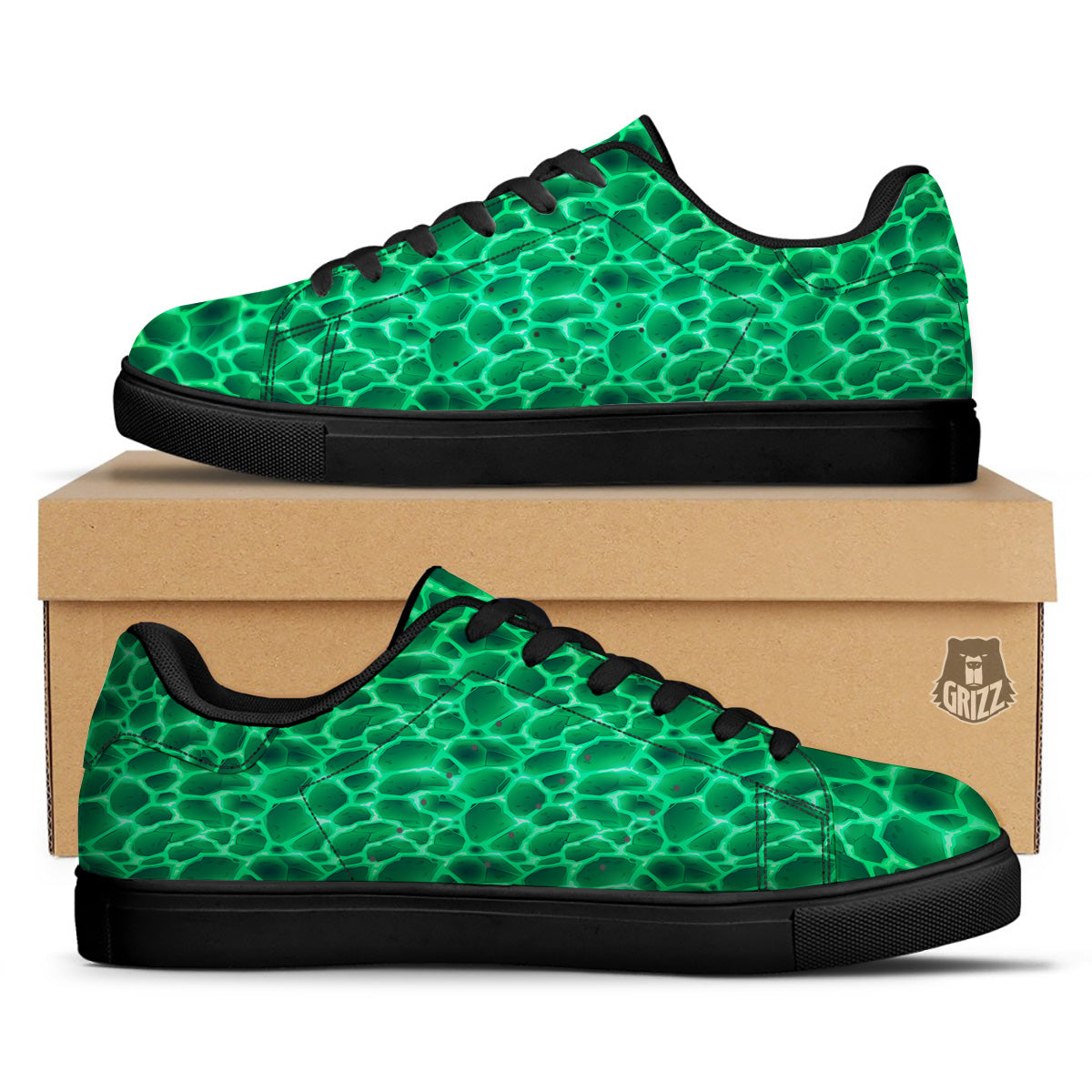 Liquid Lava Green Print Pattern Black Low Top Sneakers-grizzshop