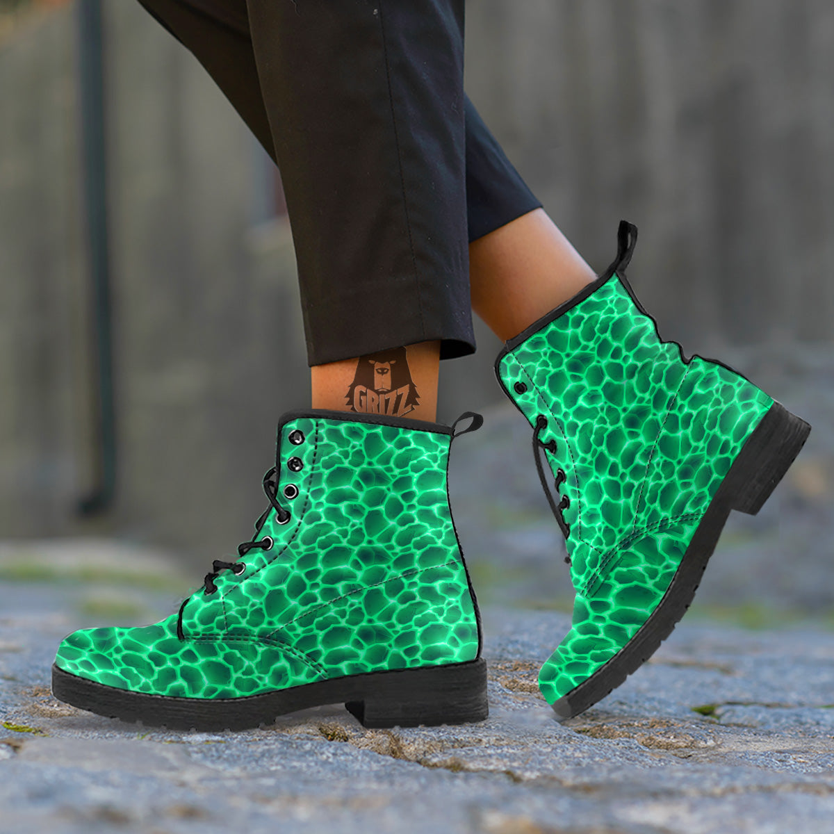 Liquid Lava Green Print Pattern Leather Boots-grizzshop