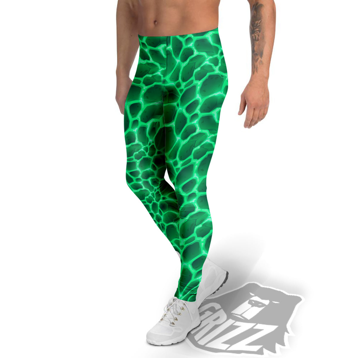 Liquid Lava Green Print Pattern Men's Leggings-grizzshop