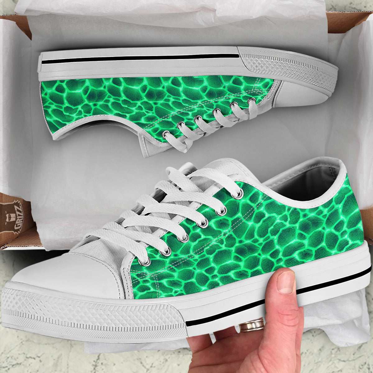 Liquid Lava Green Print Pattern White Low Top Shoes-grizzshop