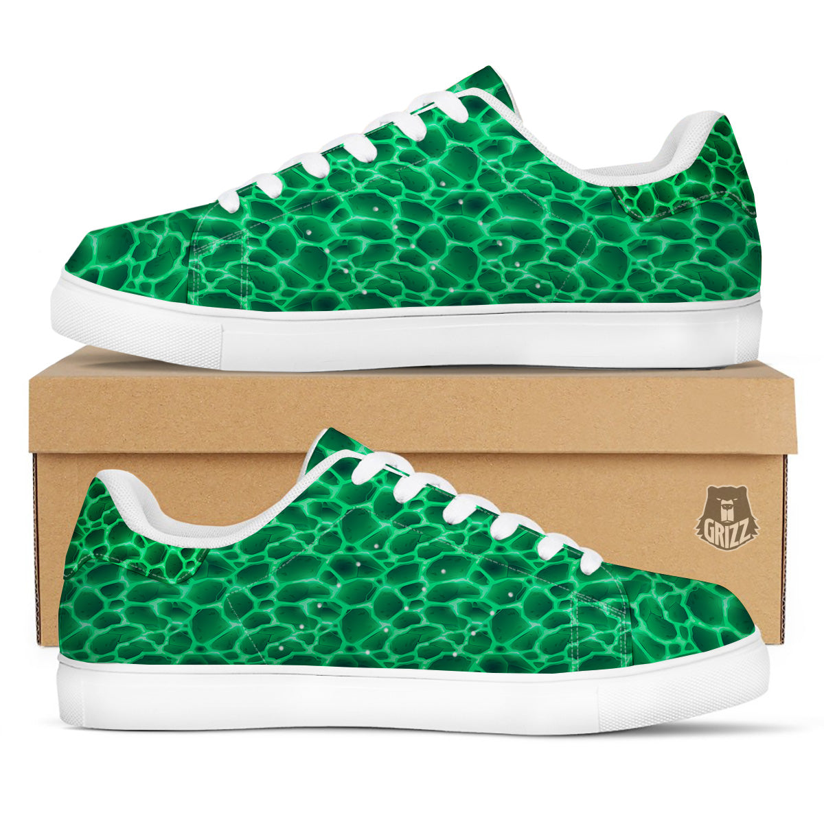 Liquid Lava Green Print Pattern White Low Top Sneakers-grizzshop