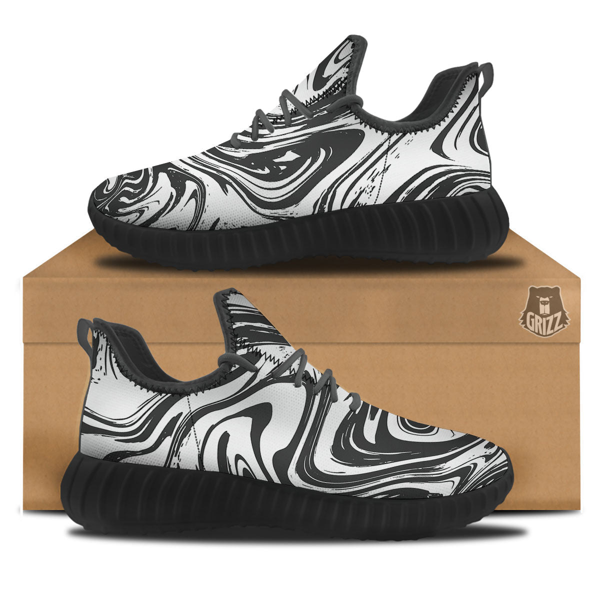Liquid Marble Black White Print Black Walking Shoes-grizzshop