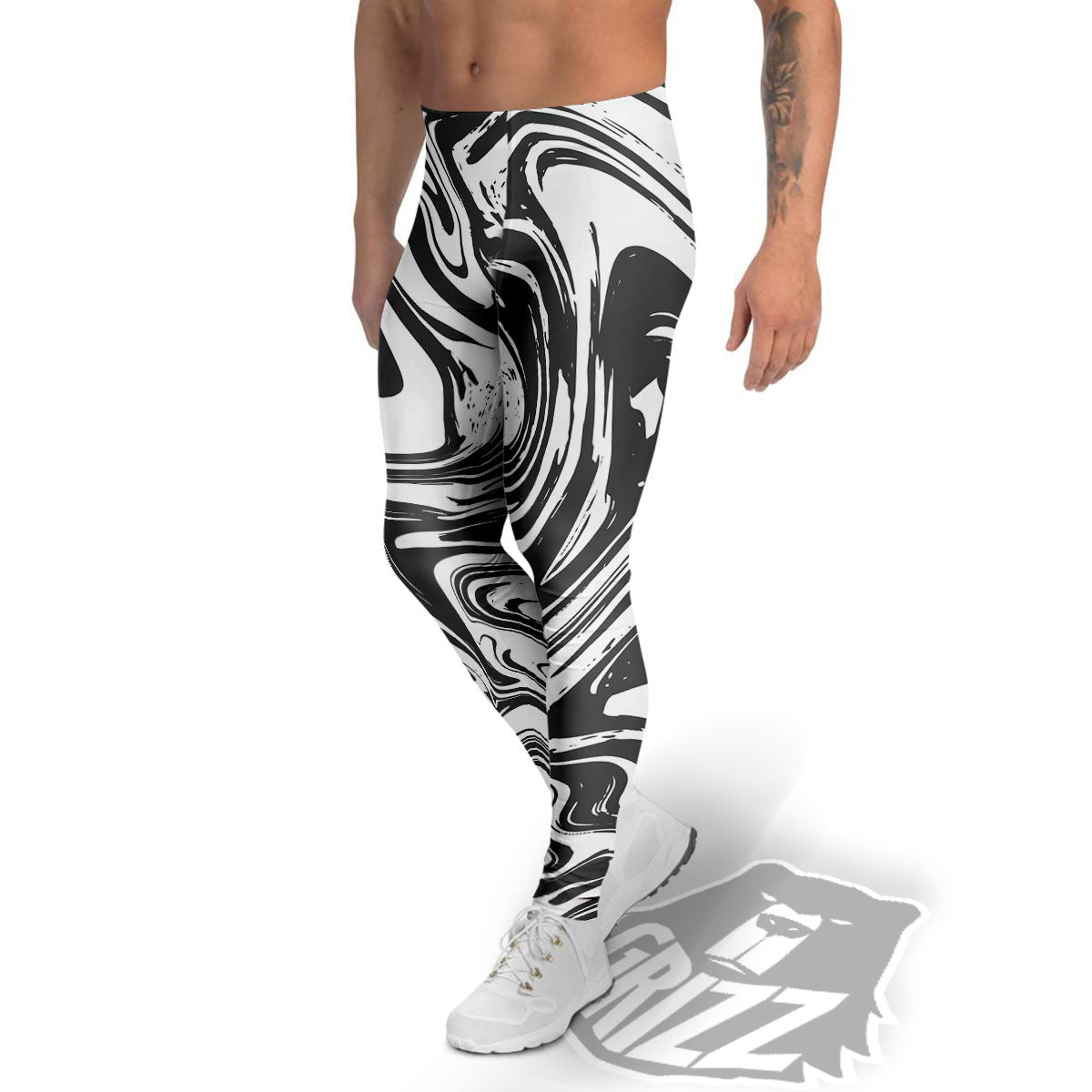 Liquid Marble Black White Print Men's Leggings-grizzshop
