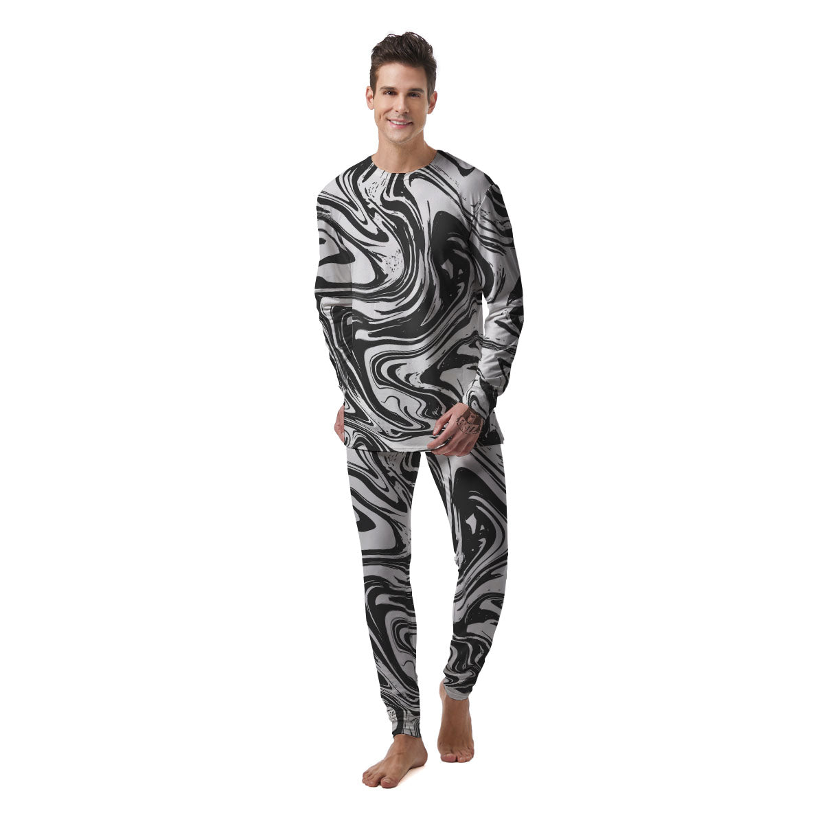 Liquid Marble Black White Print Men's Pajamas-grizzshop