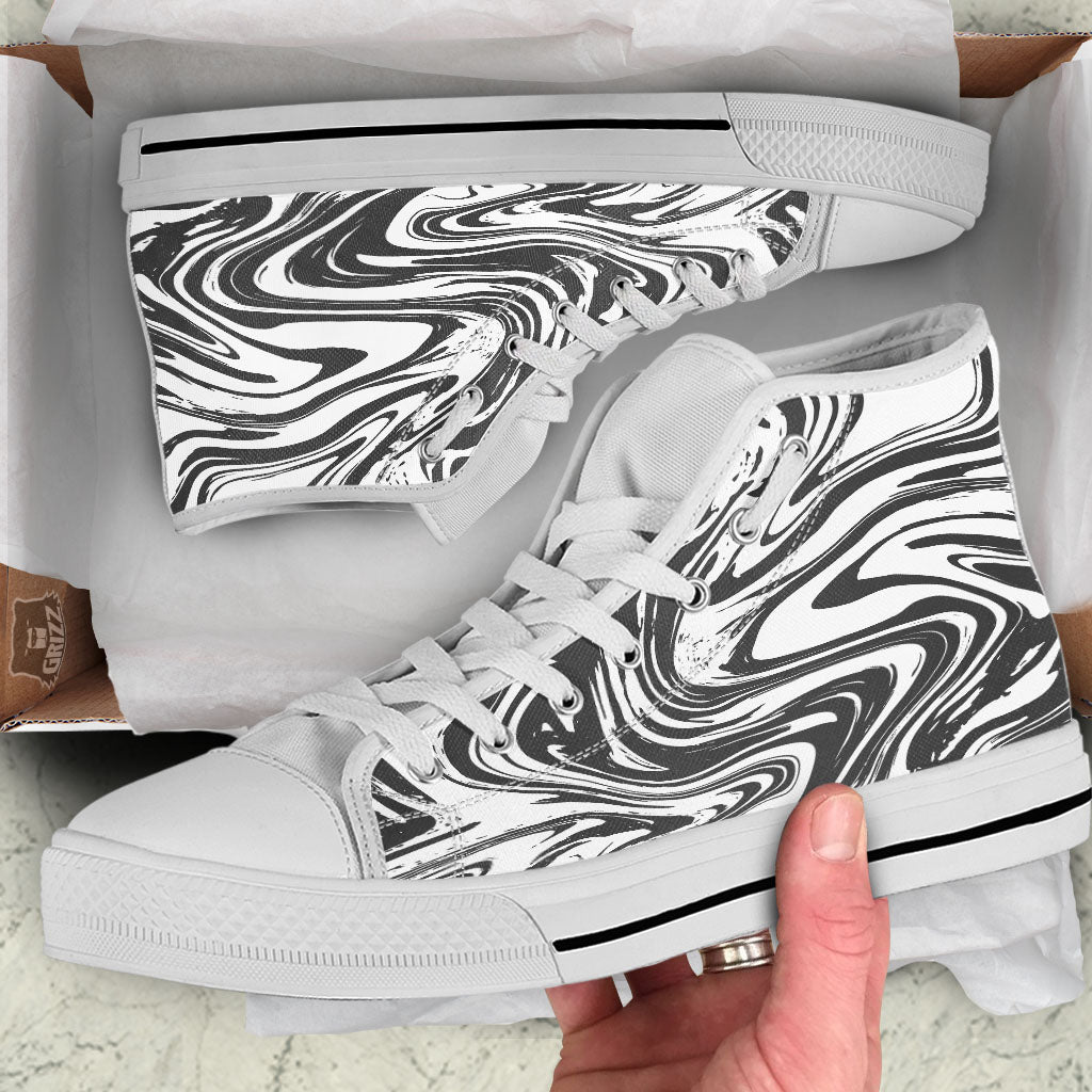 Liquid Marble Black White Print White High Top Shoes-grizzshop
