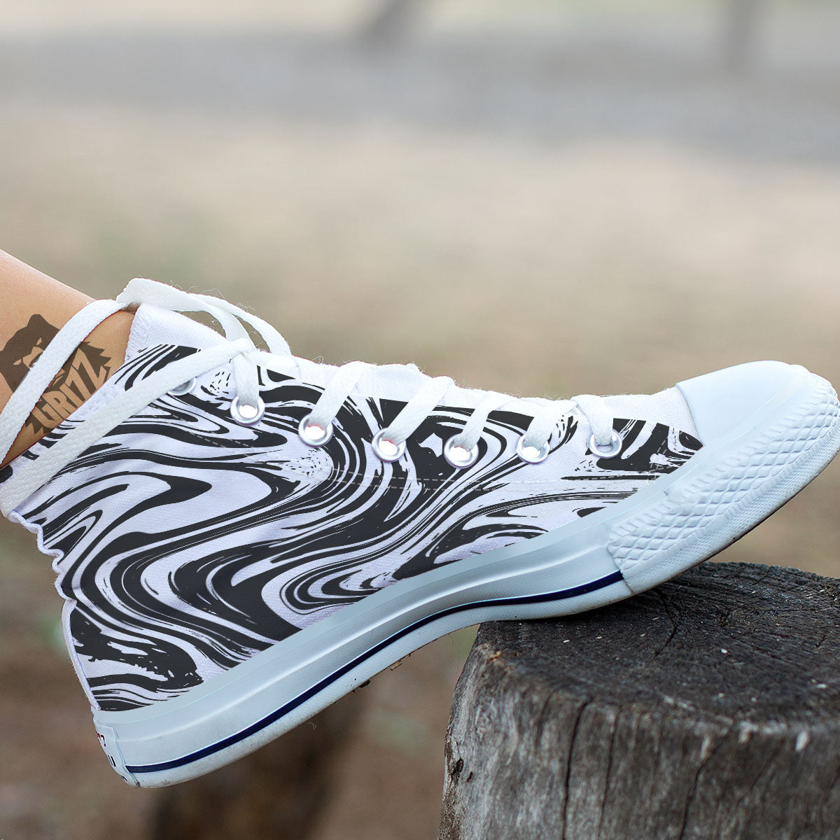 Liquid Marble Black White Print White High Top Shoes-grizzshop