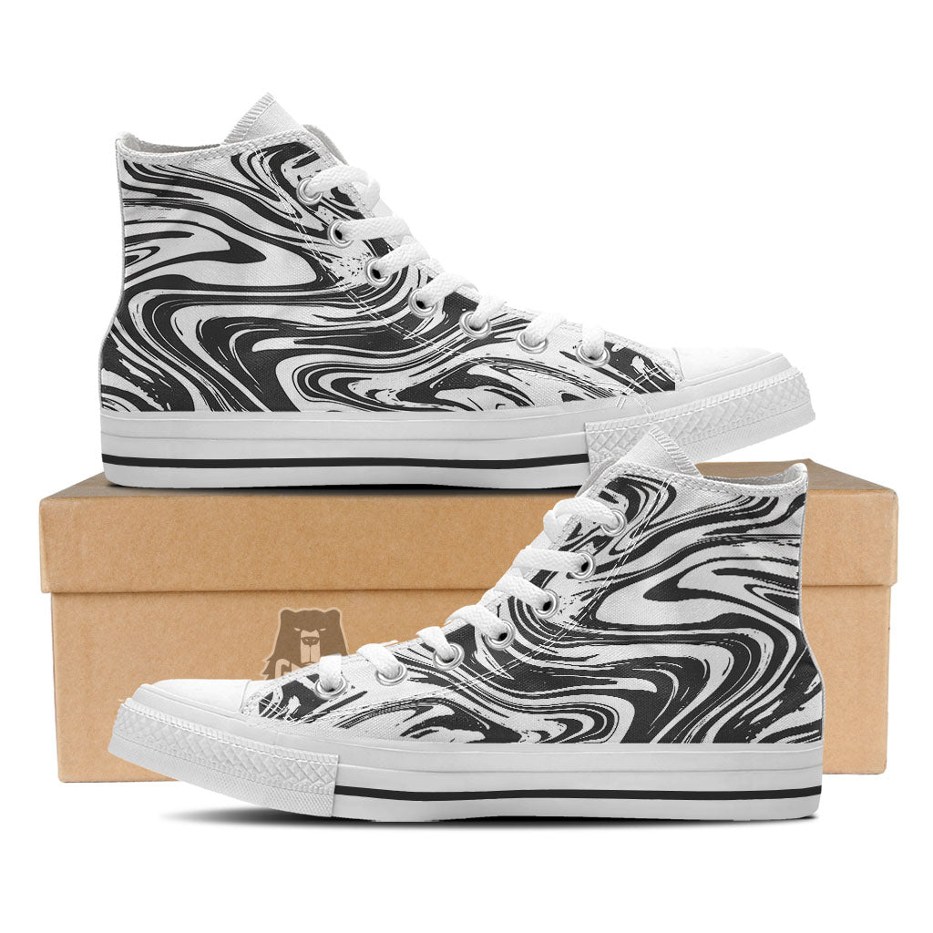 Liquid Marble Black White Print White High Top Shoes-grizzshop